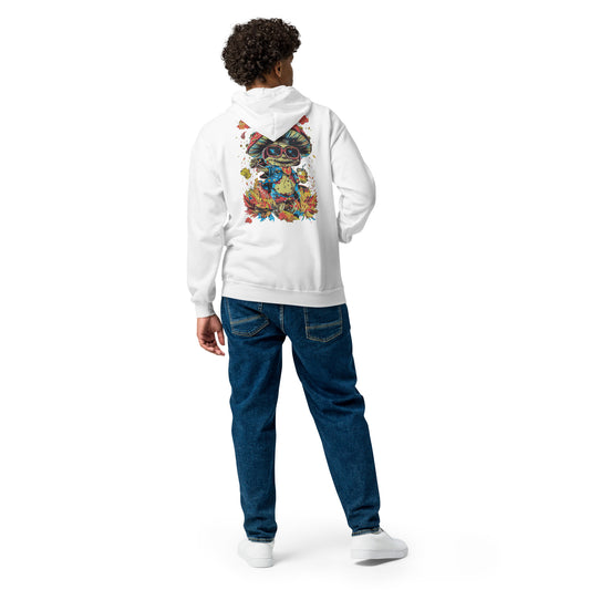 Back view of a white unisex zip hoodie featuring the MushLOL graphic print from the Japan Pop Chaos collection.
