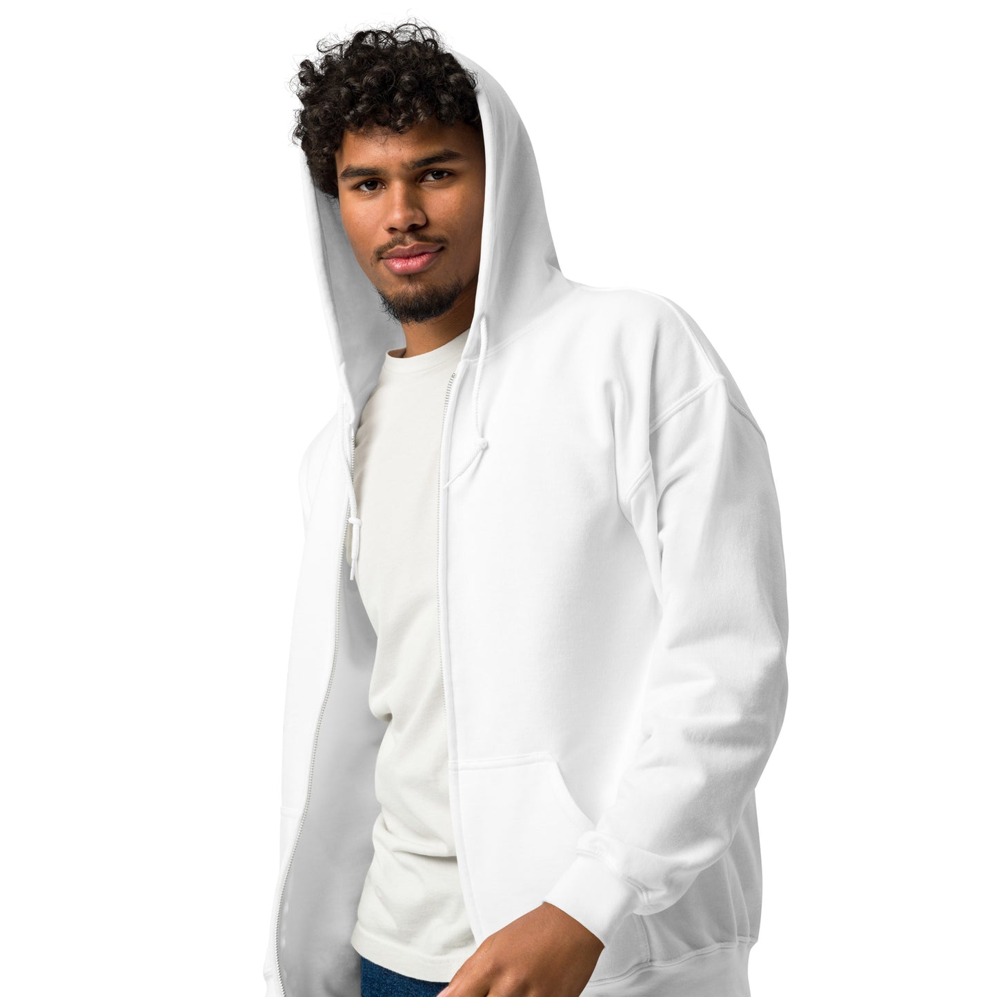 Front view of a white unisex zip hoodie with hood up, full-length zipper, and no front print.
