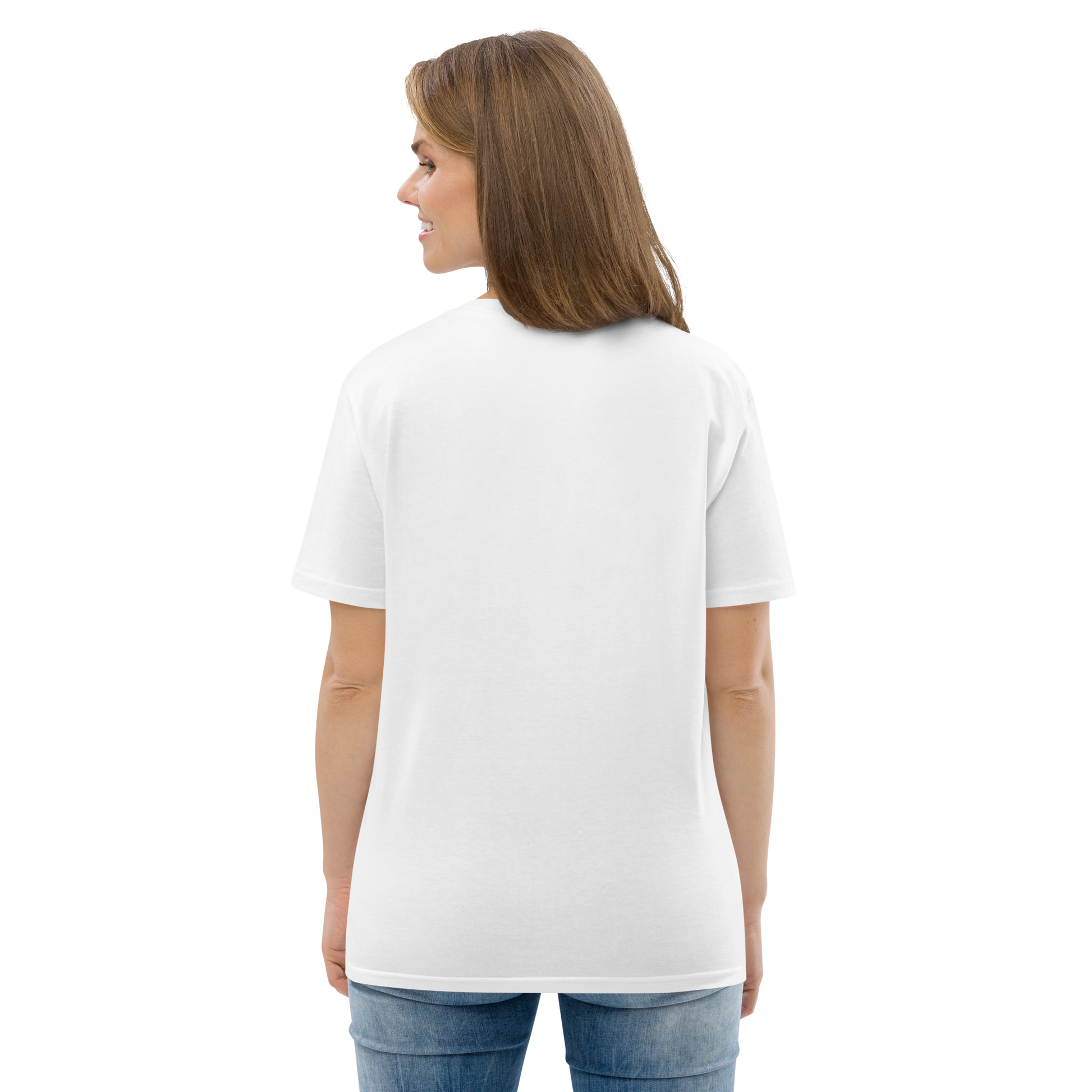 Female model wearing white T-shirt — back view, blank