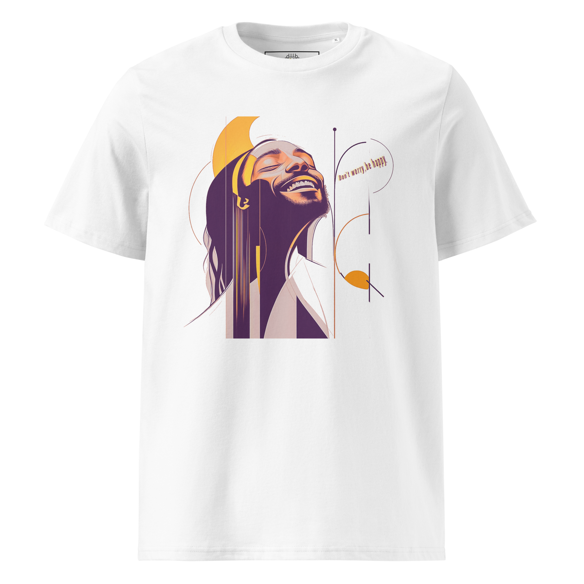 White unisex T-shirt — flat lay, front print: Bob Marley portrait in purple and yellow with text “Be Happy”.