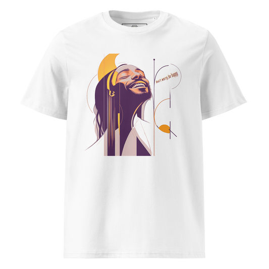 White unisex T-shirt — flat lay, front print: Bob Marley portrait in purple and yellow with text “Be Happy”.