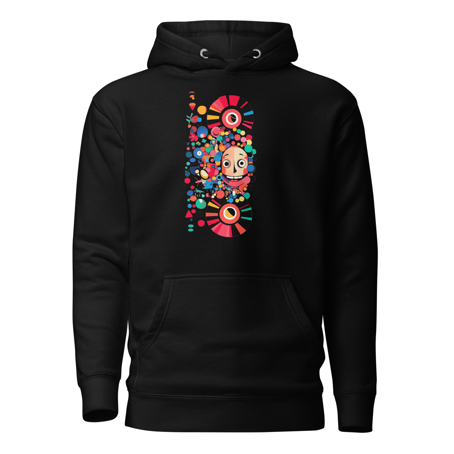 Black unisex hoodie featuring a colorful vertical pop art graphic on the back, inspired by Japanese street culture, retro music aesthetics, and contemporary character design.