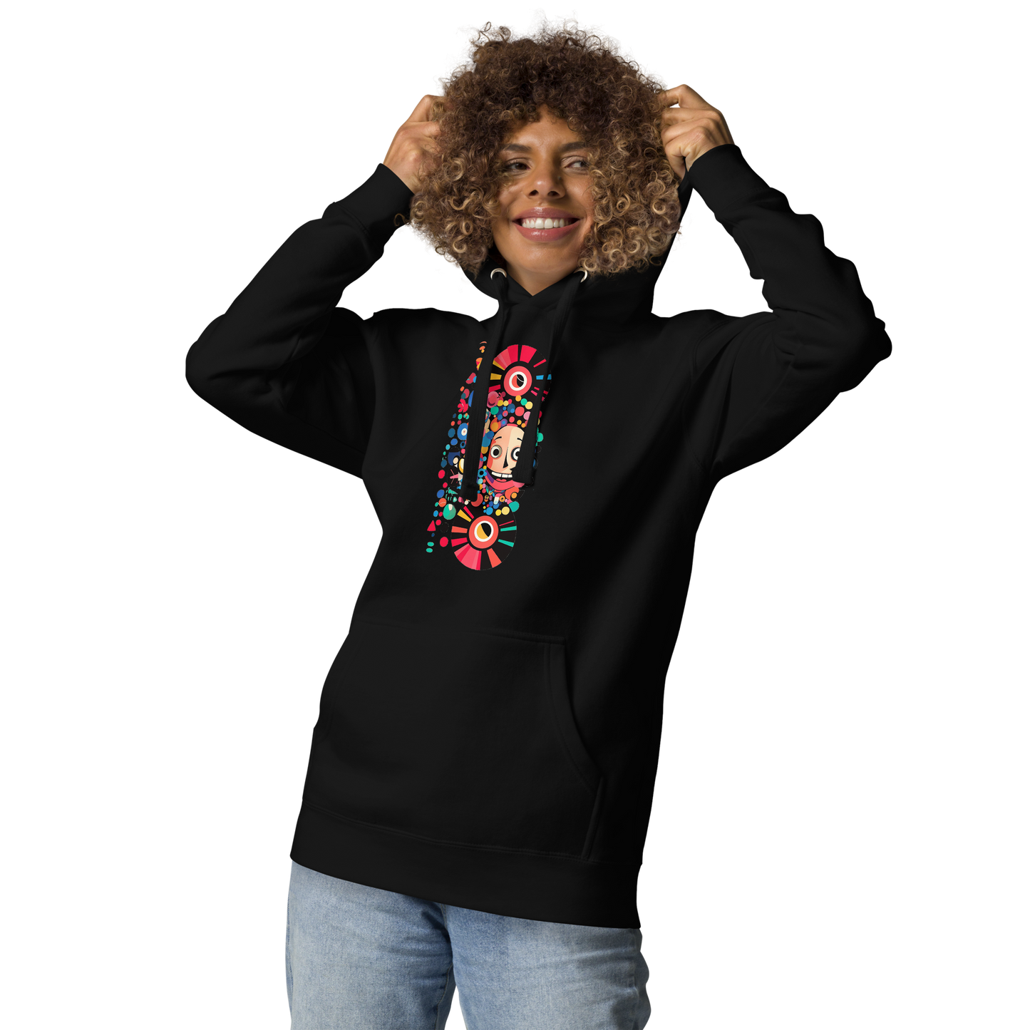 Woman wearing a black unisex hoodie featuring a colorful Japanese pop art graphic with a playful character, vinyl-inspired elements, and vibrant geometric details from the Japan Pop Chaos collection.