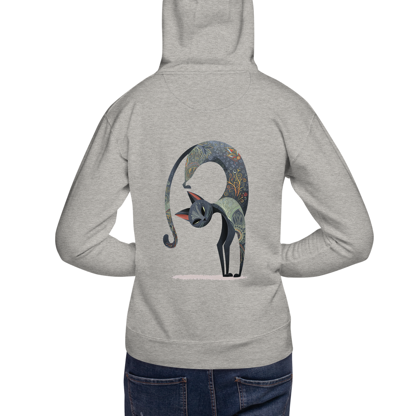 Back view of  oversized yoga hoodie featuring a large Cat Marjaryasana illustration