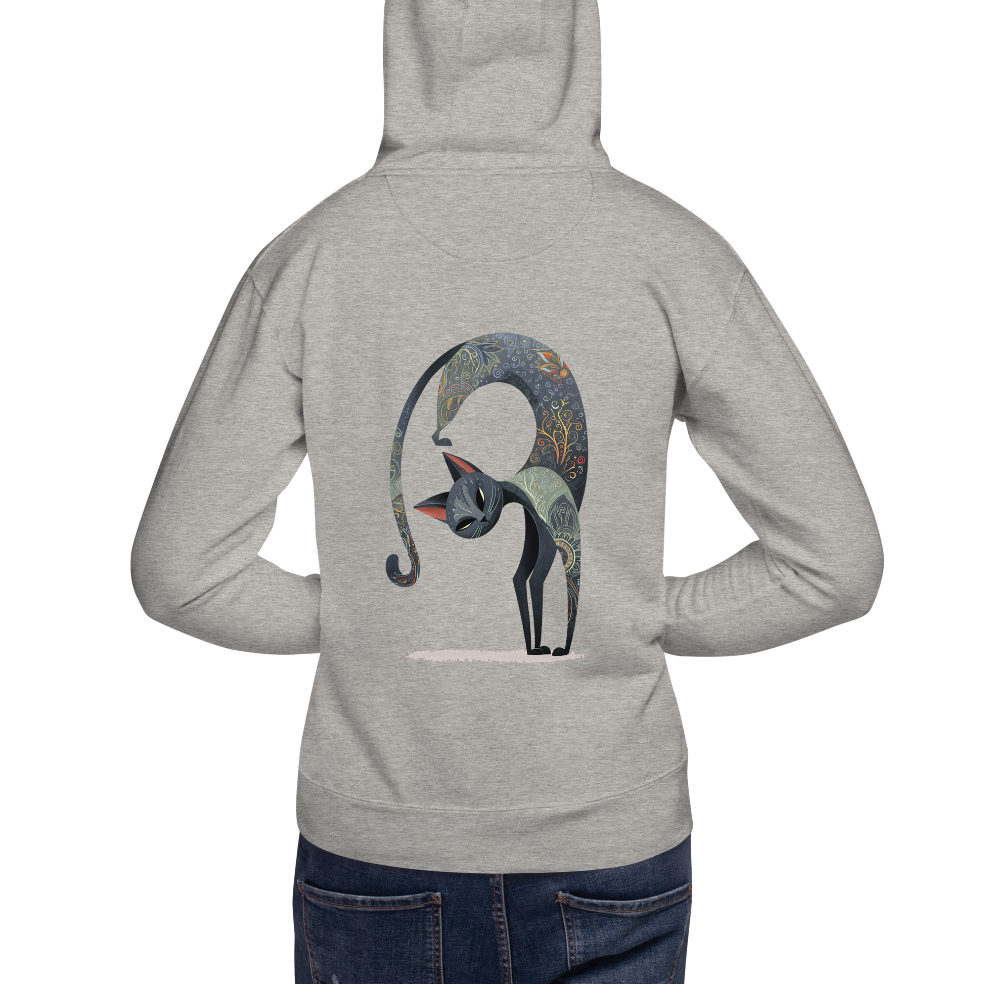 Back view of  oversized yoga hoodie featuring a large Cat Marjaryasana illustration