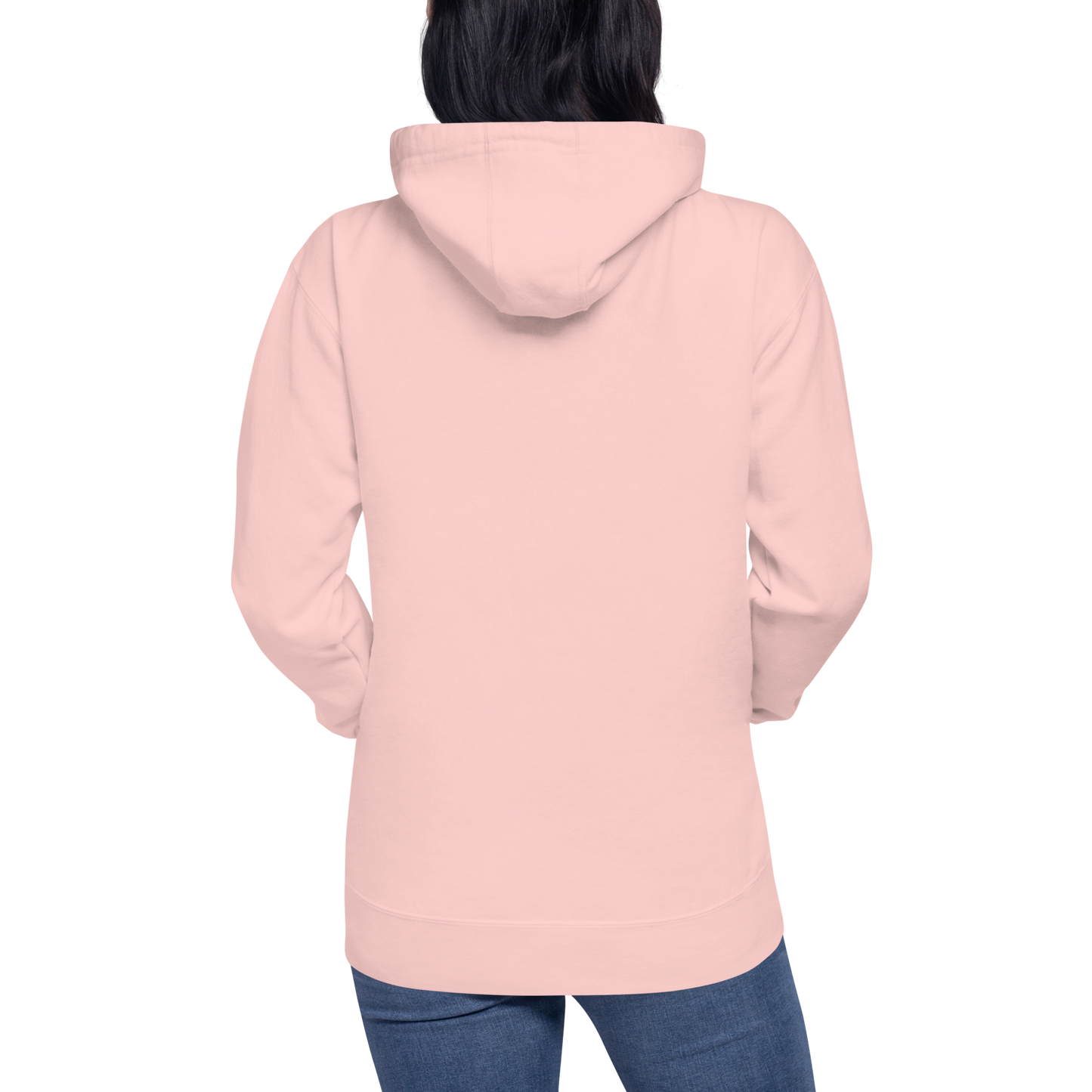 Back view of a pink unisex hoodie worn by a model, showcasing the relaxed fit, hood design, and clean minimalist streetwear silhouette.