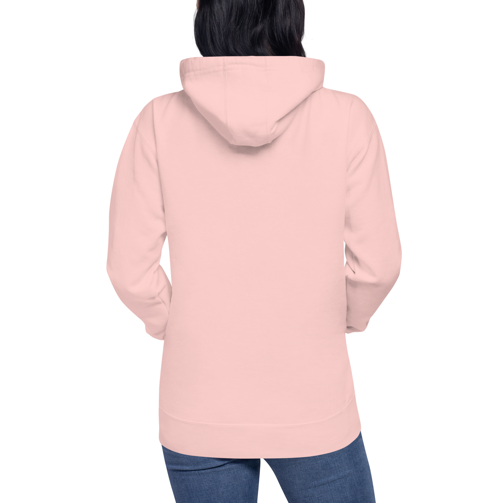 Back view of a pink unisex hoodie worn by a model, showcasing the relaxed fit, hood design, and clean minimalist streetwear silhouette.