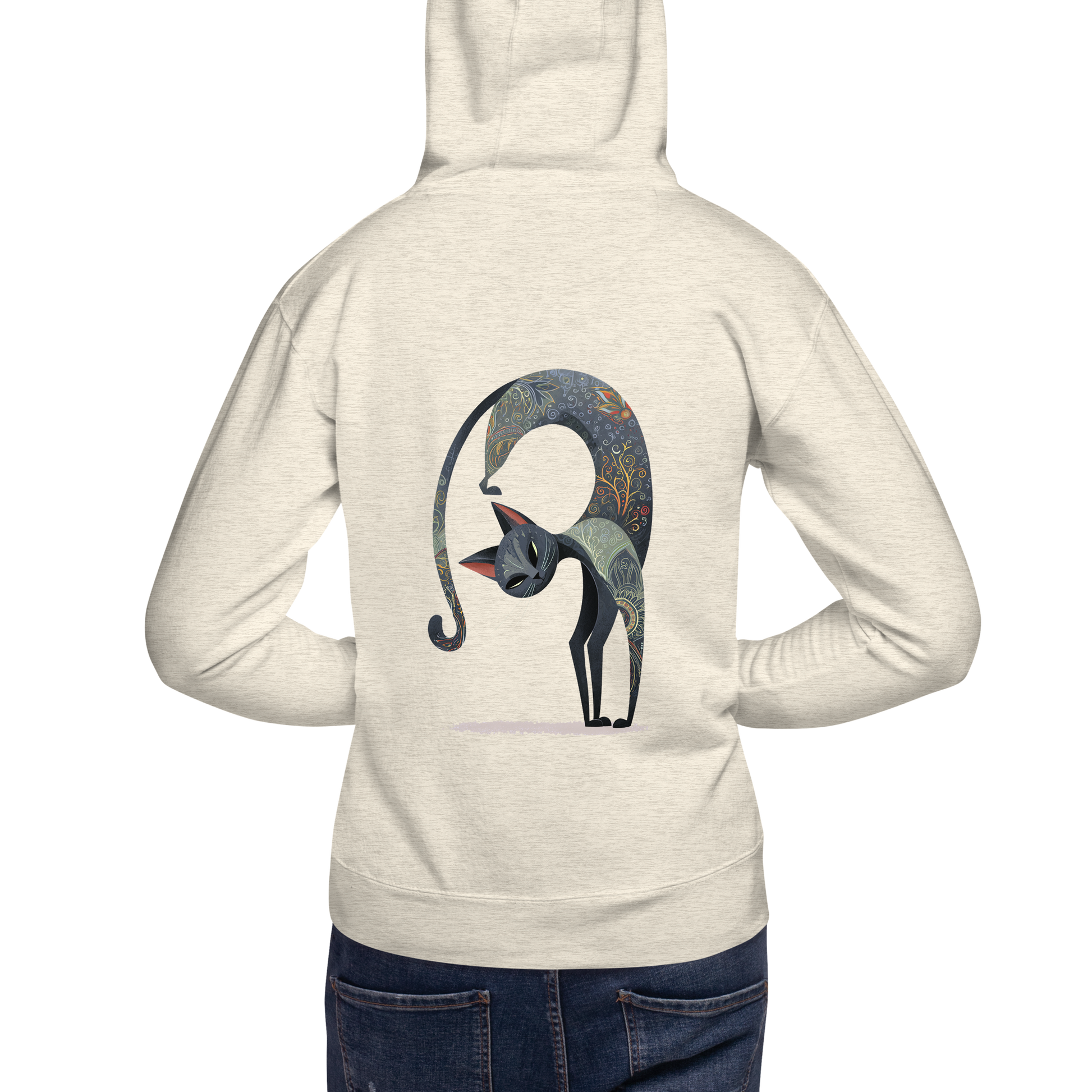 Back view of a sand oversized yoga hoodie featuring a large Cat Marjaryasana illustration