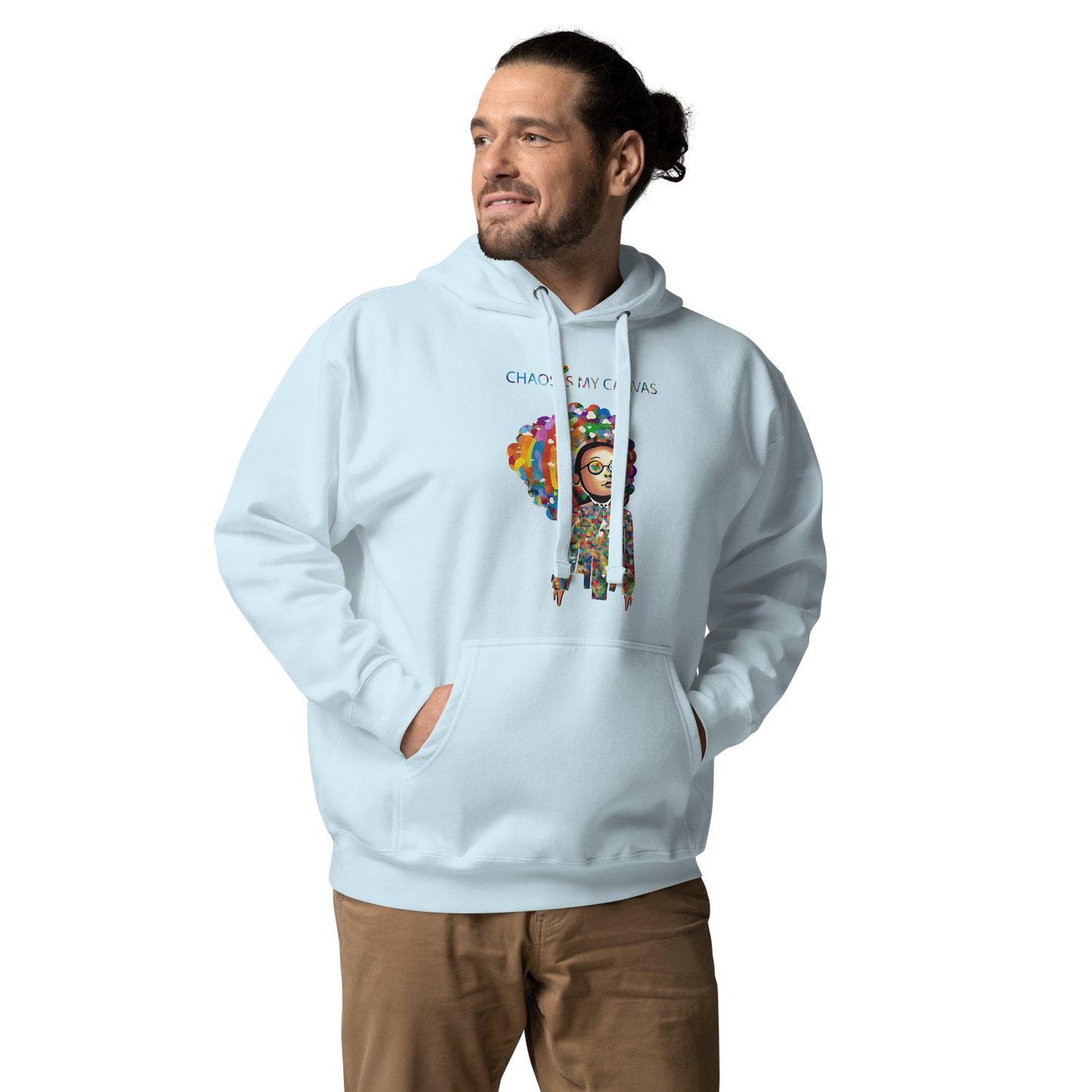PMan wearing a light blue unisex hoodie featuring a colorful Be a Rainbow graphic with uplifting artwork, vibrant rainbow elements, and positive pop art design.roduct mockup