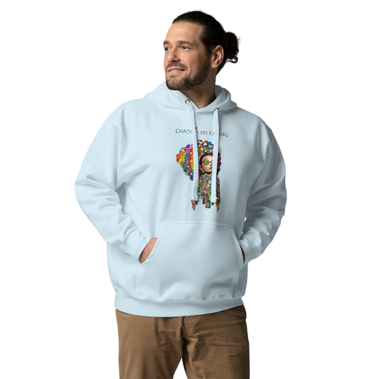 PMan wearing a light blue unisex hoodie featuring a colorful Be a Rainbow graphic with uplifting artwork, vibrant rainbow elements, and positive pop art design.roduct mockup