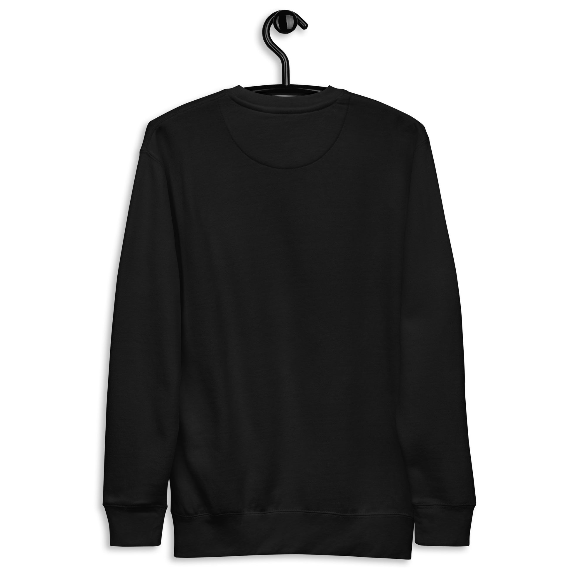 Black sweatshirt with happy pumpkin ghost and autumn leaves Halloween design, back view (flat lay).