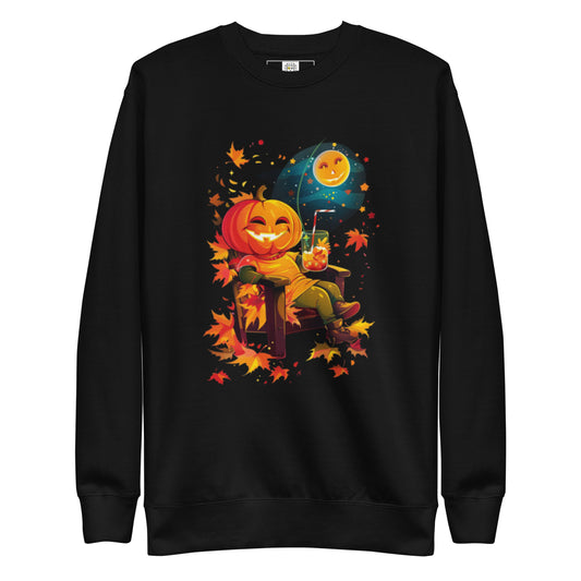 Black sweatshirt with a cartoon pumpkin-headed character sitting on a wooden throne with autumn leaves, ghost and full moon.