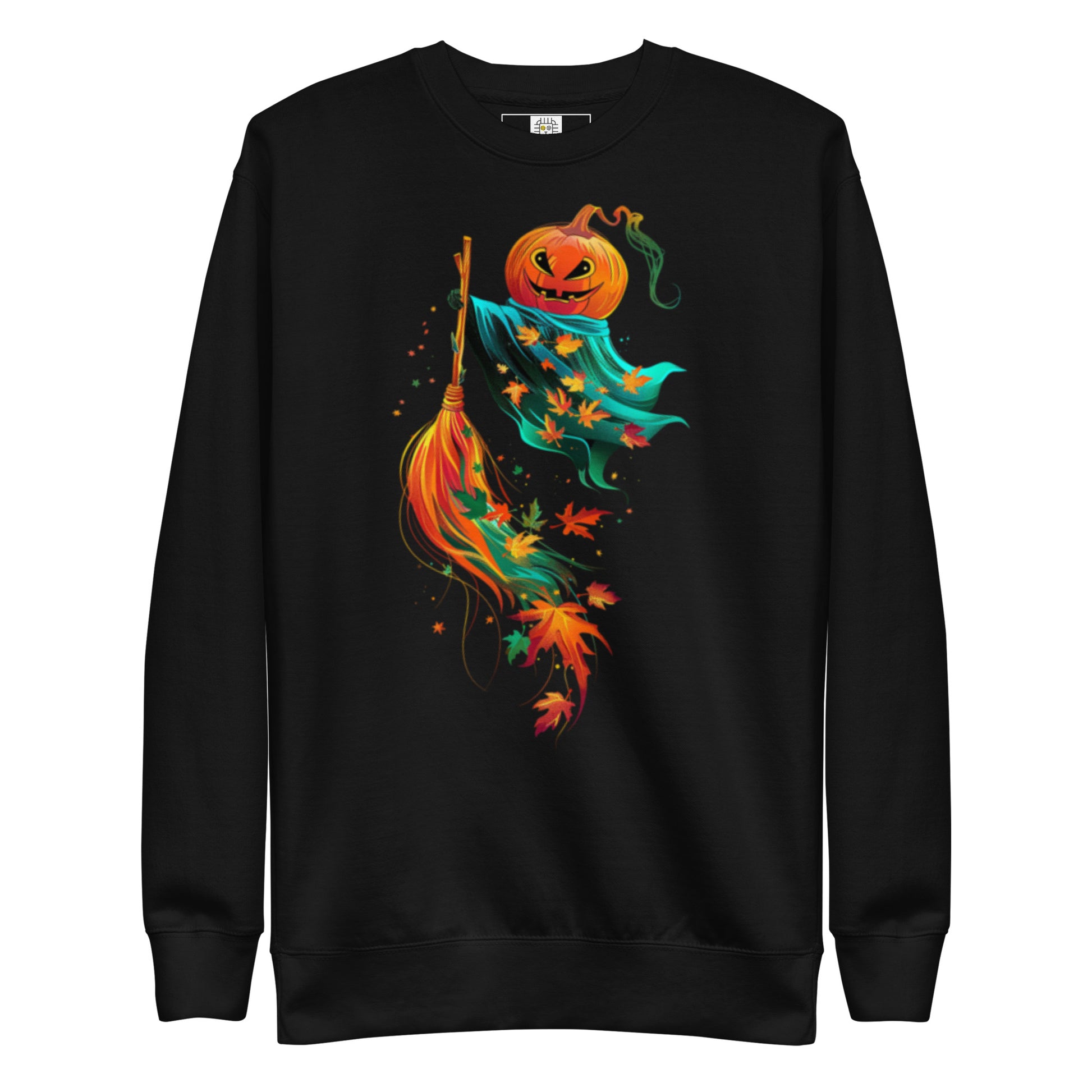 Black sweatshirt with pumpkin flying on broom Halloween design (flat lay).