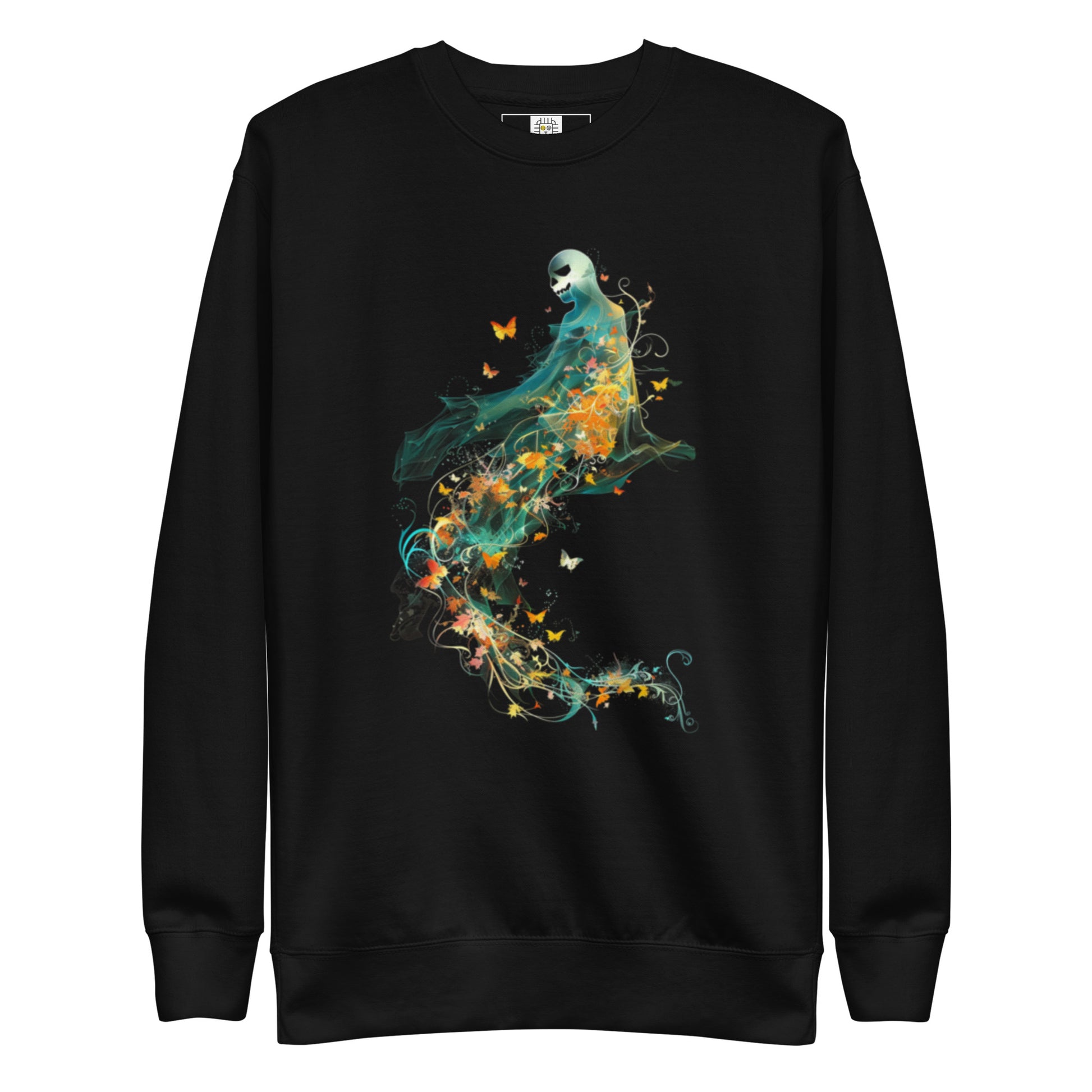Black sweatshirt with ghost and autumn butterflies Halloween design (flat lay).