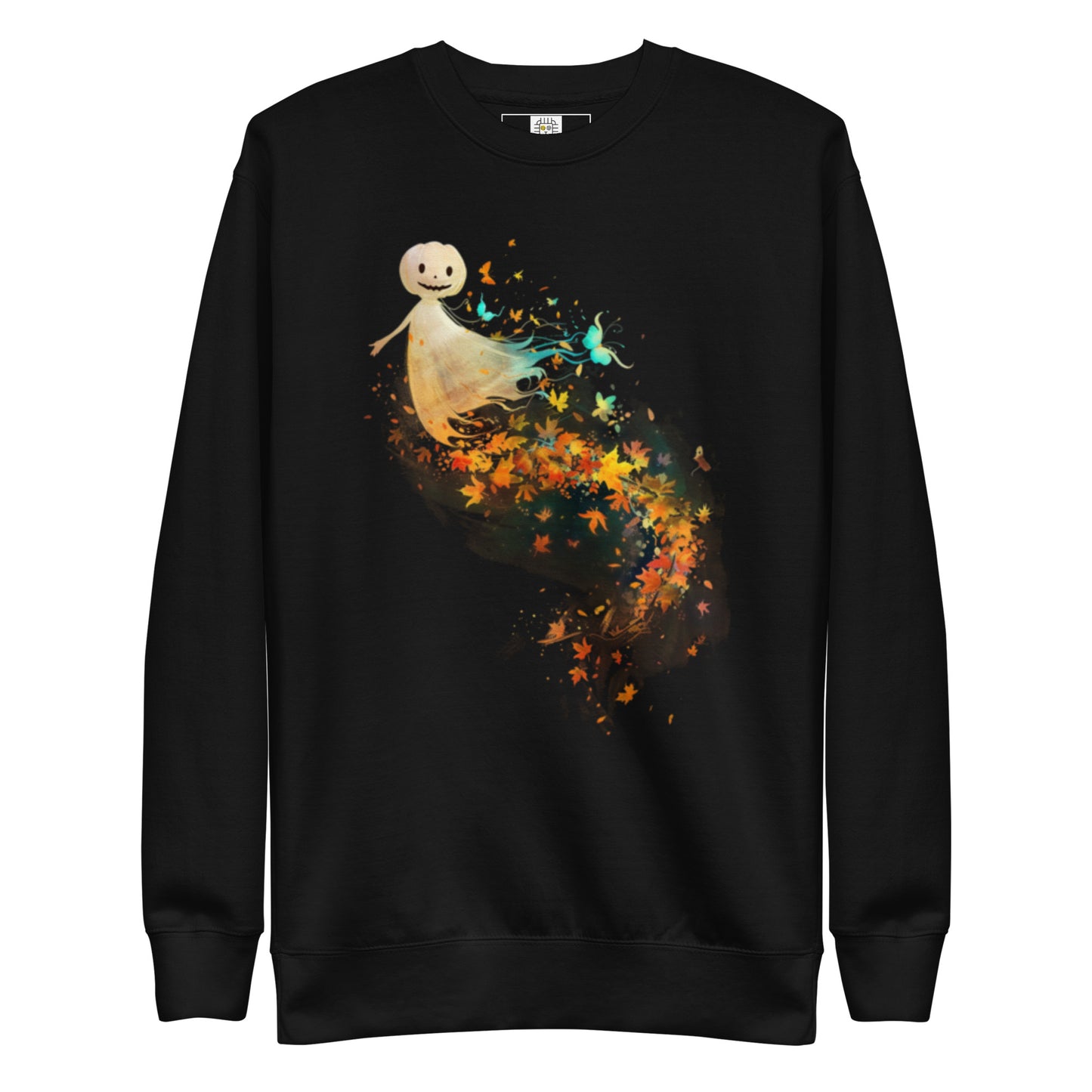 Black sweatshirt with happy pumpkin ghost and autumn leaves Halloween design (flat lay).