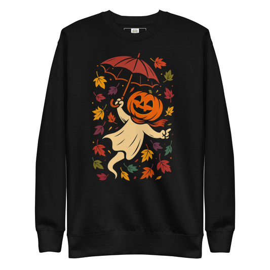 Black sweatshirt with pumpkin ghost holding umbrella and surrounded by autumn leaves (flat lay).