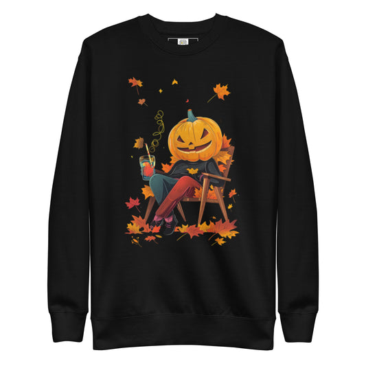  Beige T-shirt with hand-drawn pumpkin character surrounded by autumn leaves, Chill Pumpkin Vibes design from Pekilot’s Scary Halloween Collection.
