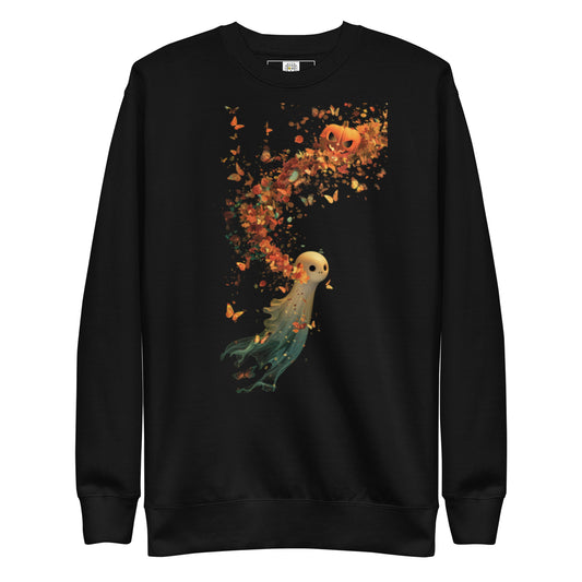 Black sweatshirt with surreal pumpkin ghost design releasing a trail of autumn leaves.