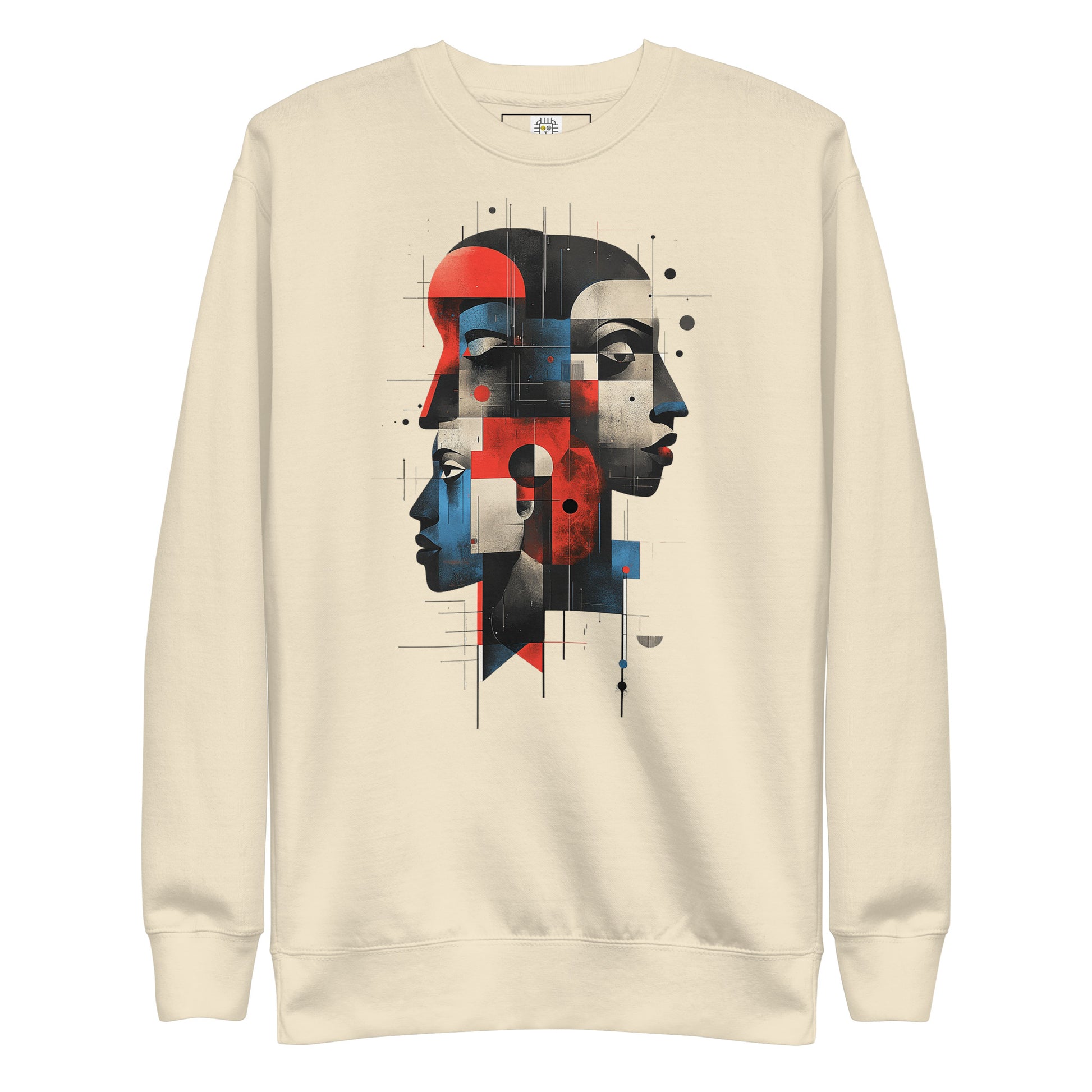 Beige unisex sweatshirt with large abstract dual face geometric portrait print on the front