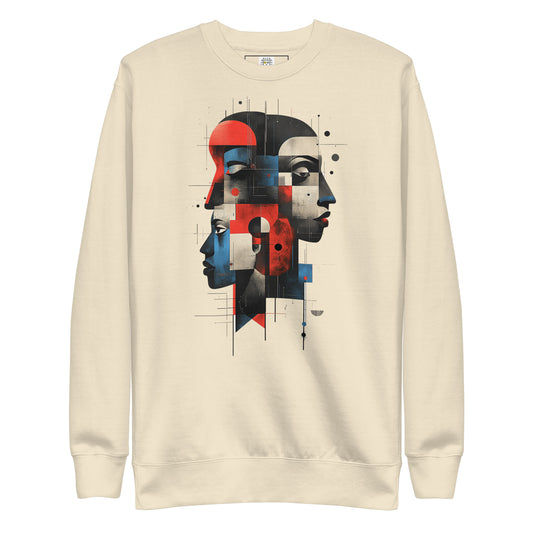 Beige unisex sweatshirt with large abstract dual face geometric portrait print on the front