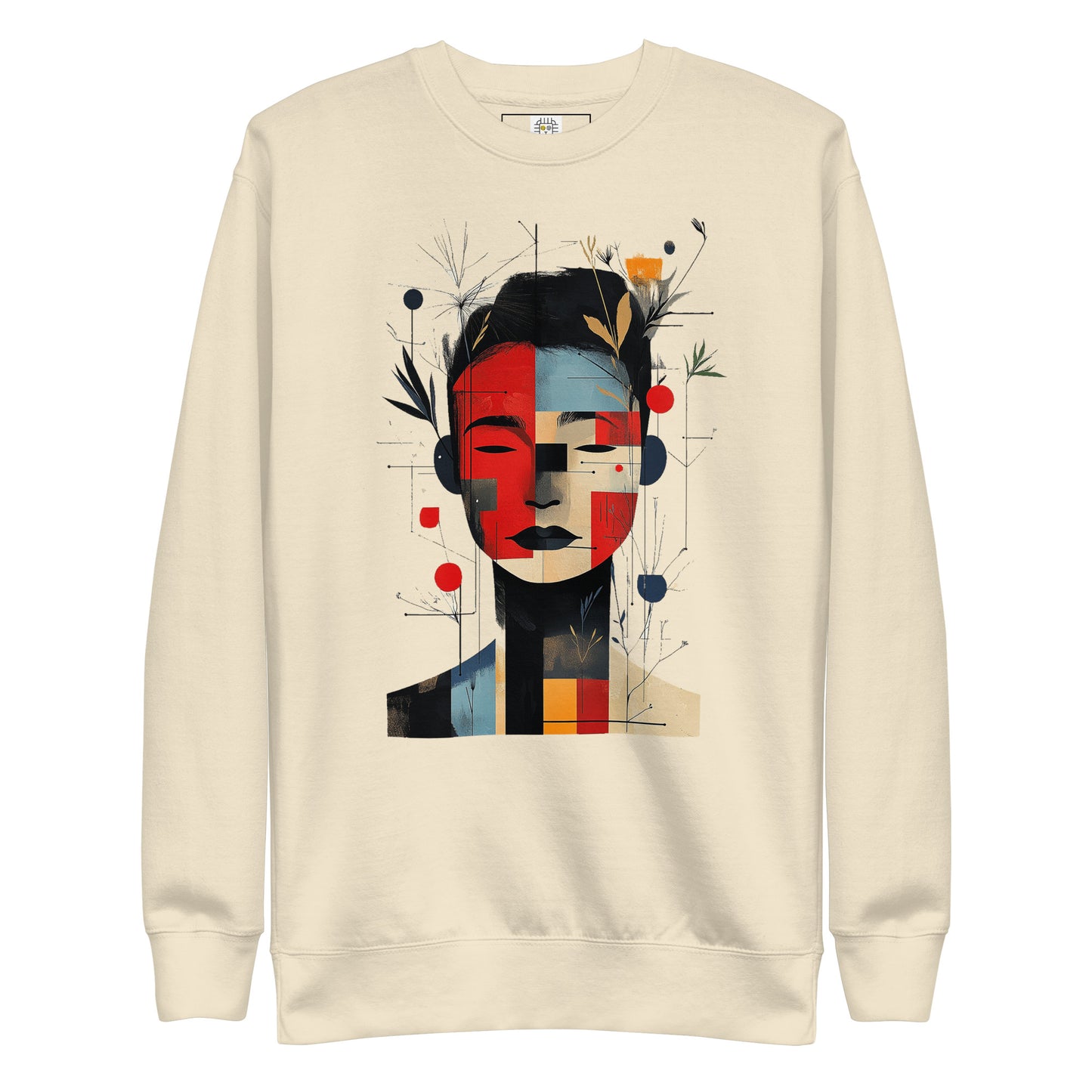 Beige unisex sweatshirt with abstract geometric female portrait and floral design on the front