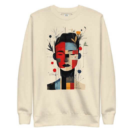 Beige unisex sweatshirt with abstract geometric female portrait and floral design on the front
