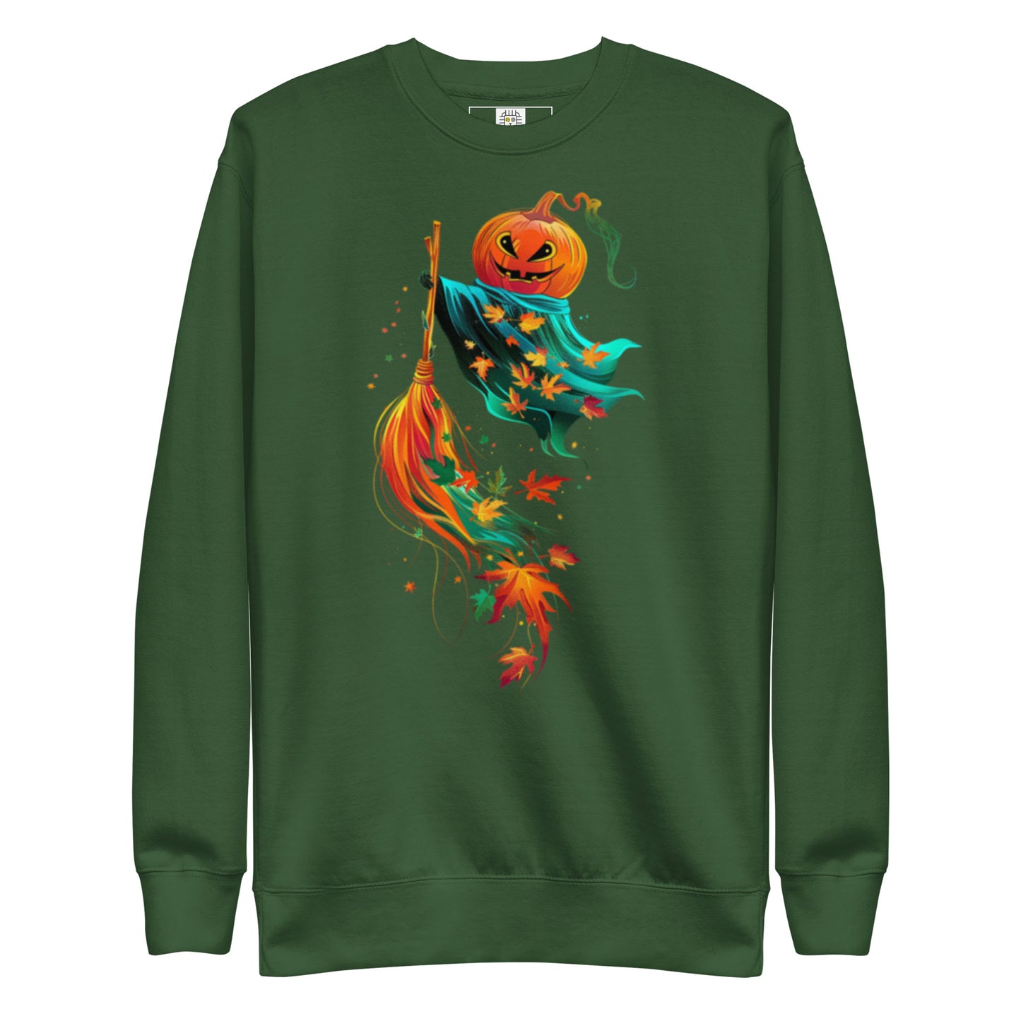 Green sweatshirt with pumpkin flying on broom Halloween design (flat lay).