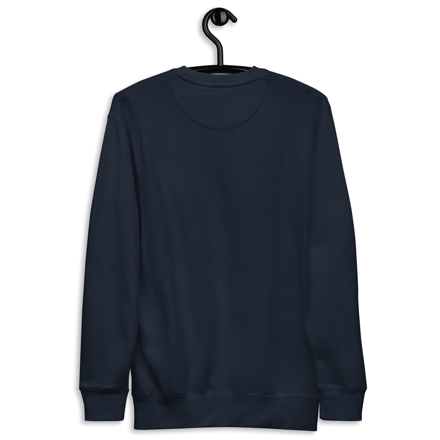 Navy sweatshirt with pumpkin ghost and umbrella Halloween design on hanger (back view).