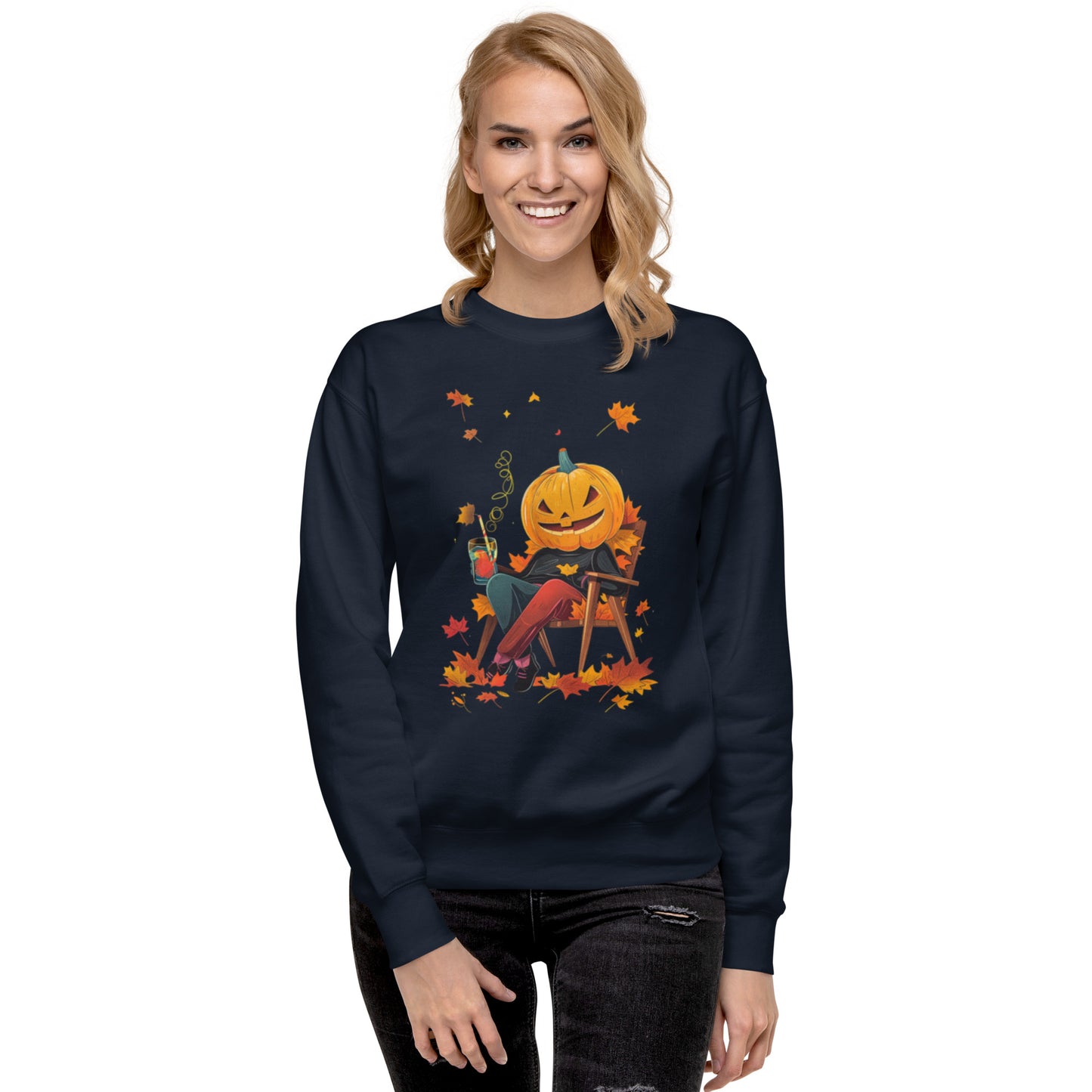 Blu unisex T-shirt with hand-drawn Chill Pumpkin Vibes pumpkin artwork, Scary Halloween Collection.