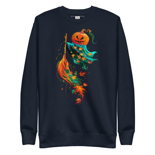 Navy sweatshirt with pumpkin flying on broom Halloween design (flat lay).