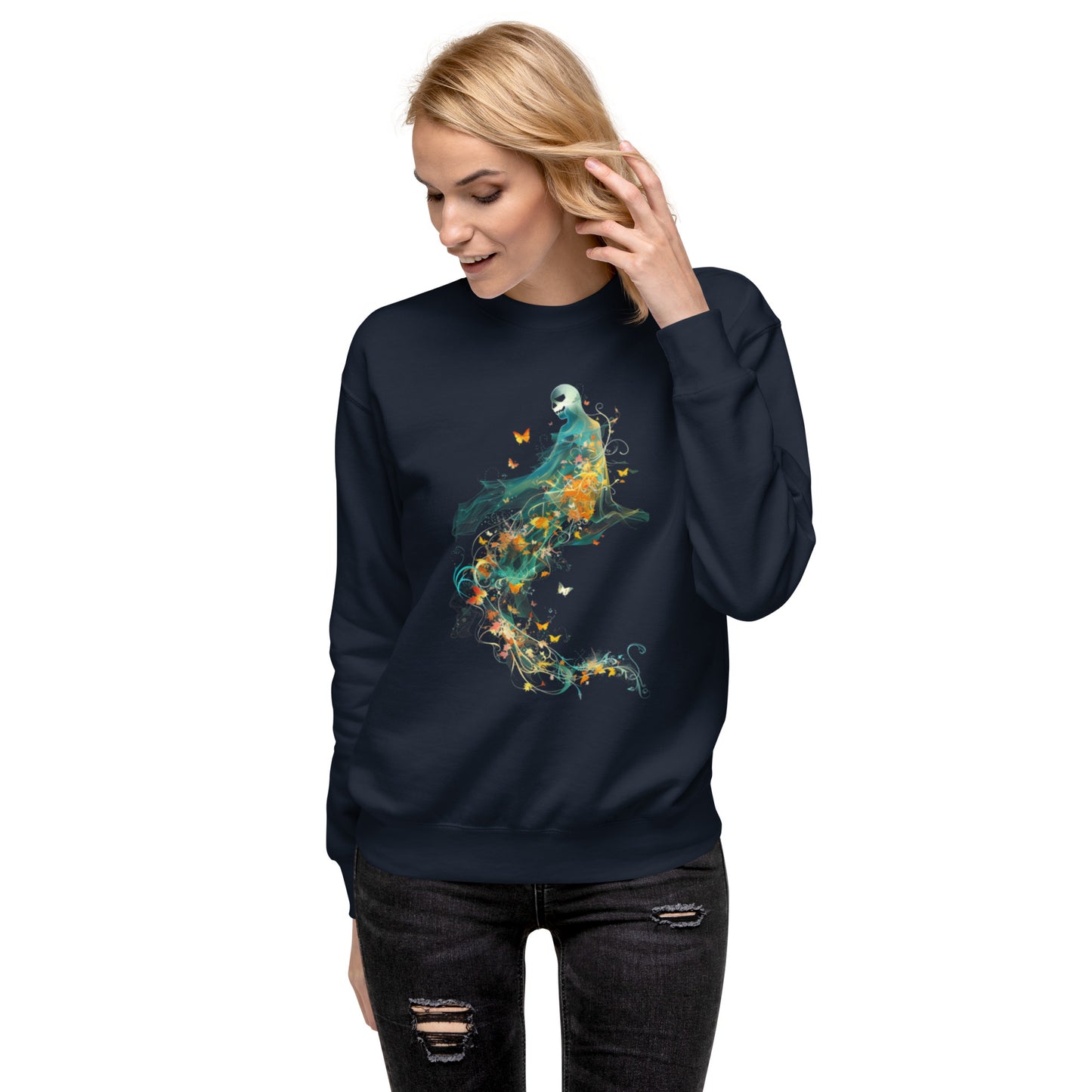 Woman wearing navy sweatshirt with ghost and autumn butterflies Halloween design.