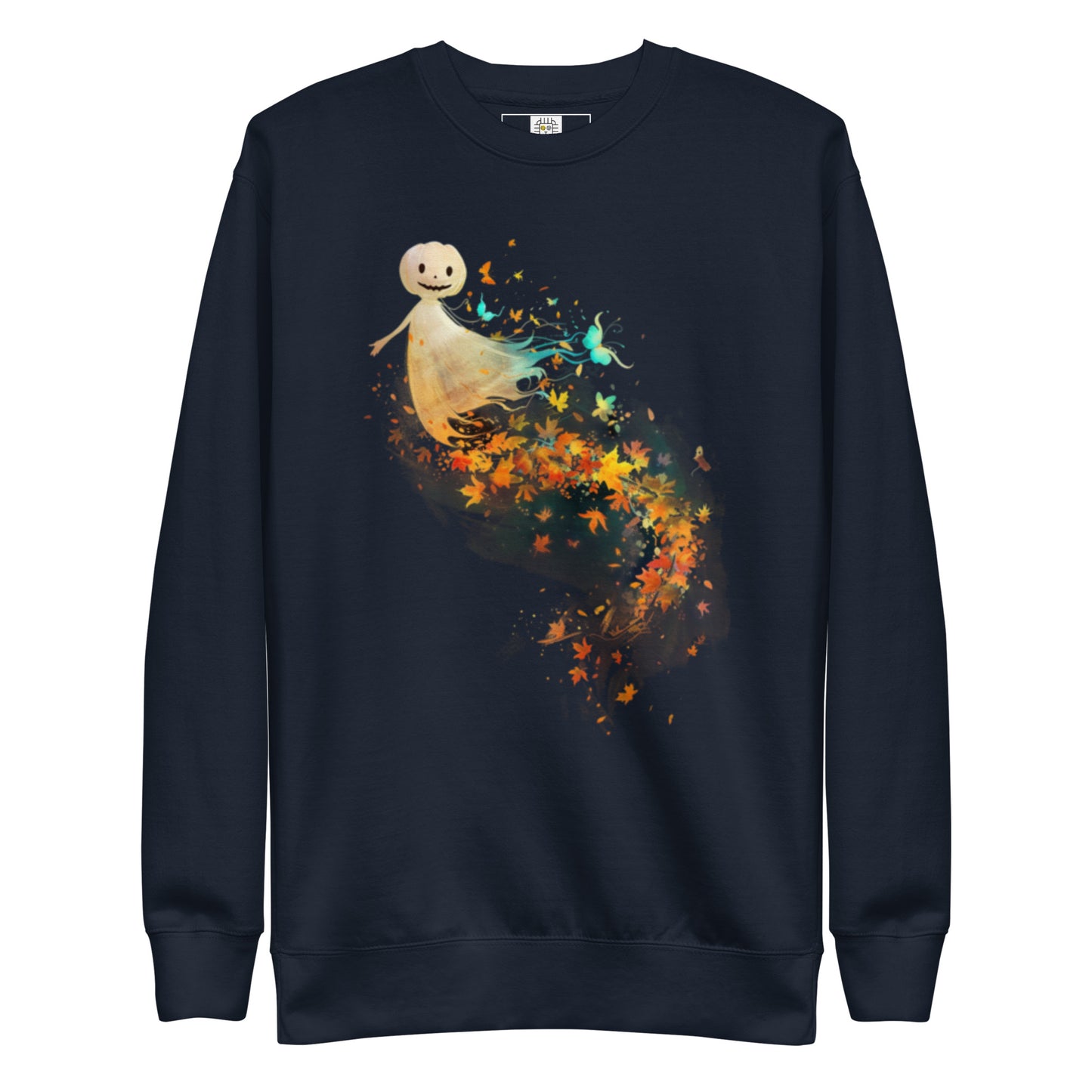 Navy sweatshirt with happy pumpkin ghost and autumn leaves Halloween design (flat lay).