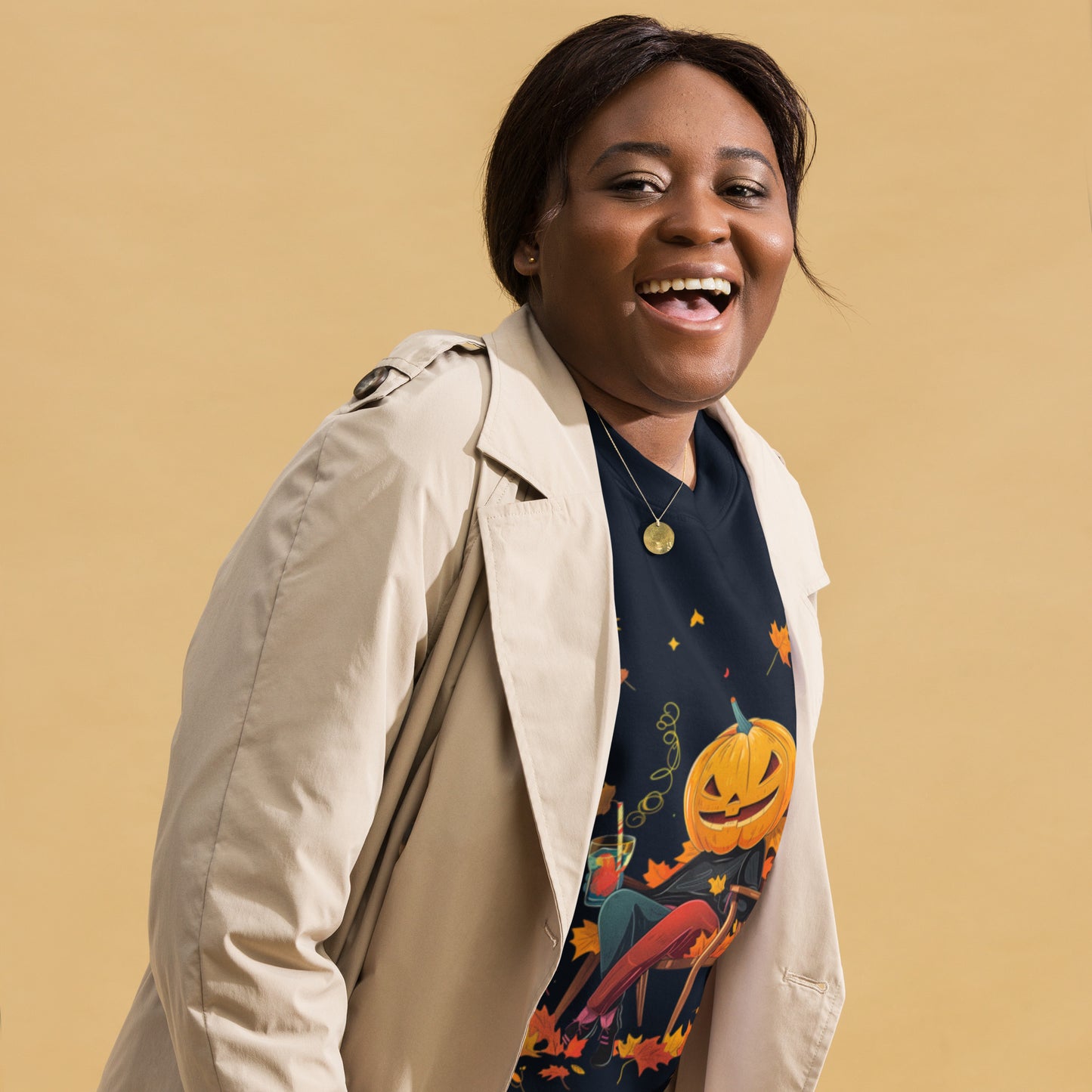 Black unisex T-shirt with colorful pumpkin illustration, Chill Pumpkin Vibes from Pekilot’s Halloween Collection.