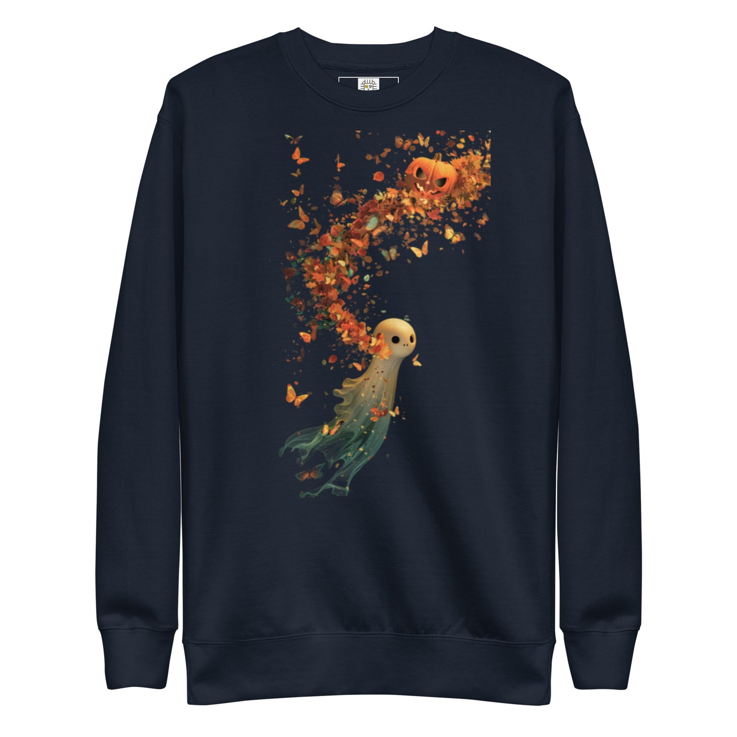 Navy sweatshirt laid flat with pumpkin ghost artwork and autumn leaves.