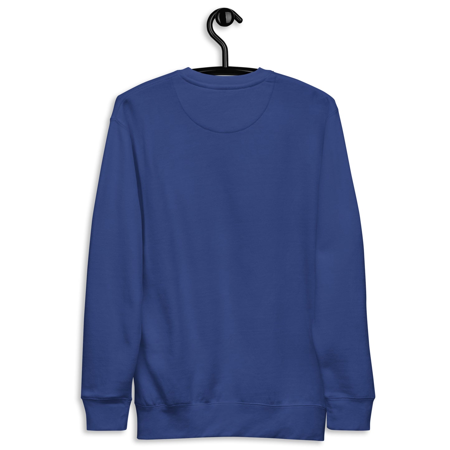 Blue sweatshirt with pumpkin spirit and autumn leaves Halloween design on a hanger.