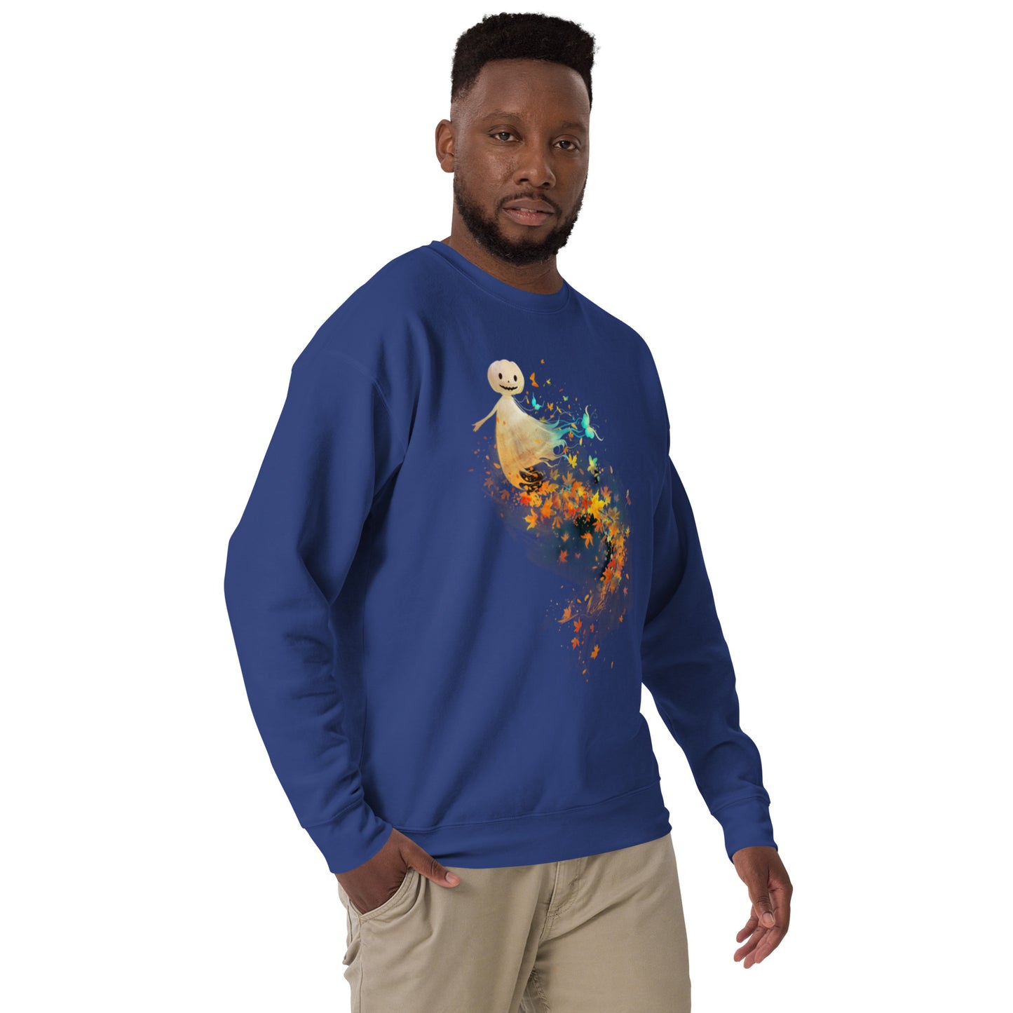 Man wearing blue sweatshirt with happy pumpkin ghost and autumn leaves Halloween design.