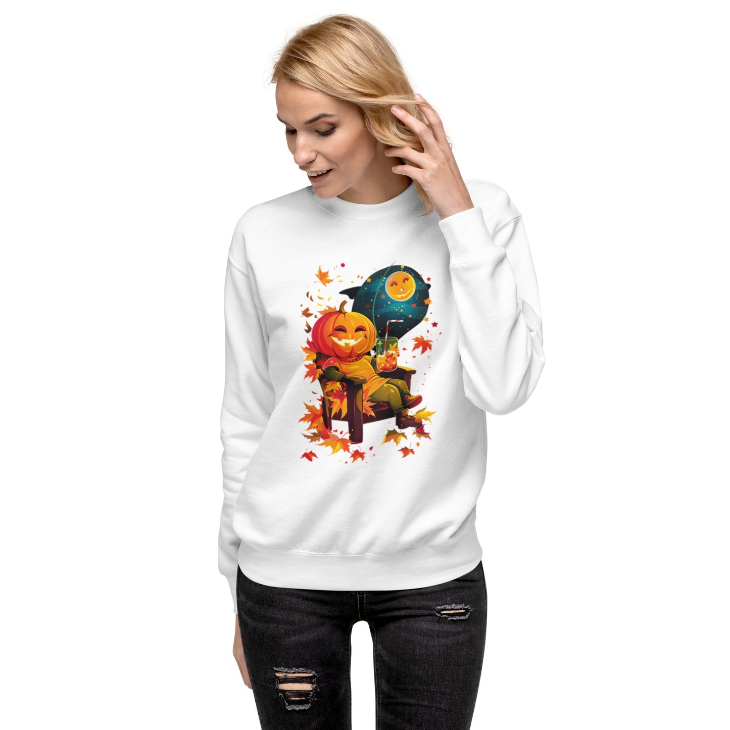 Woman wearing green sweatshirt with pumpkin throne Halloween print.