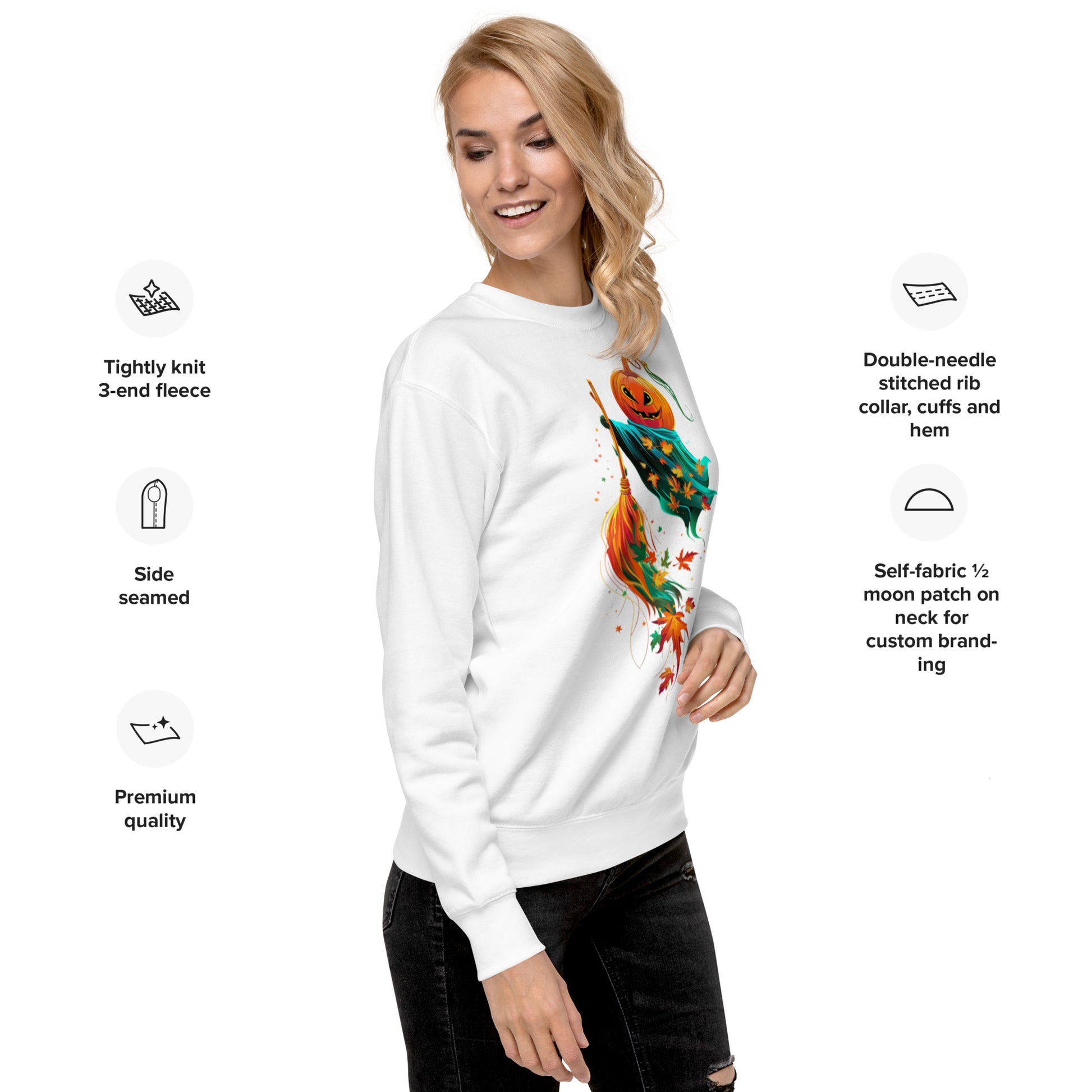 Woman wearing white sweatshirt with pumpkin flying on broom Halloween design.