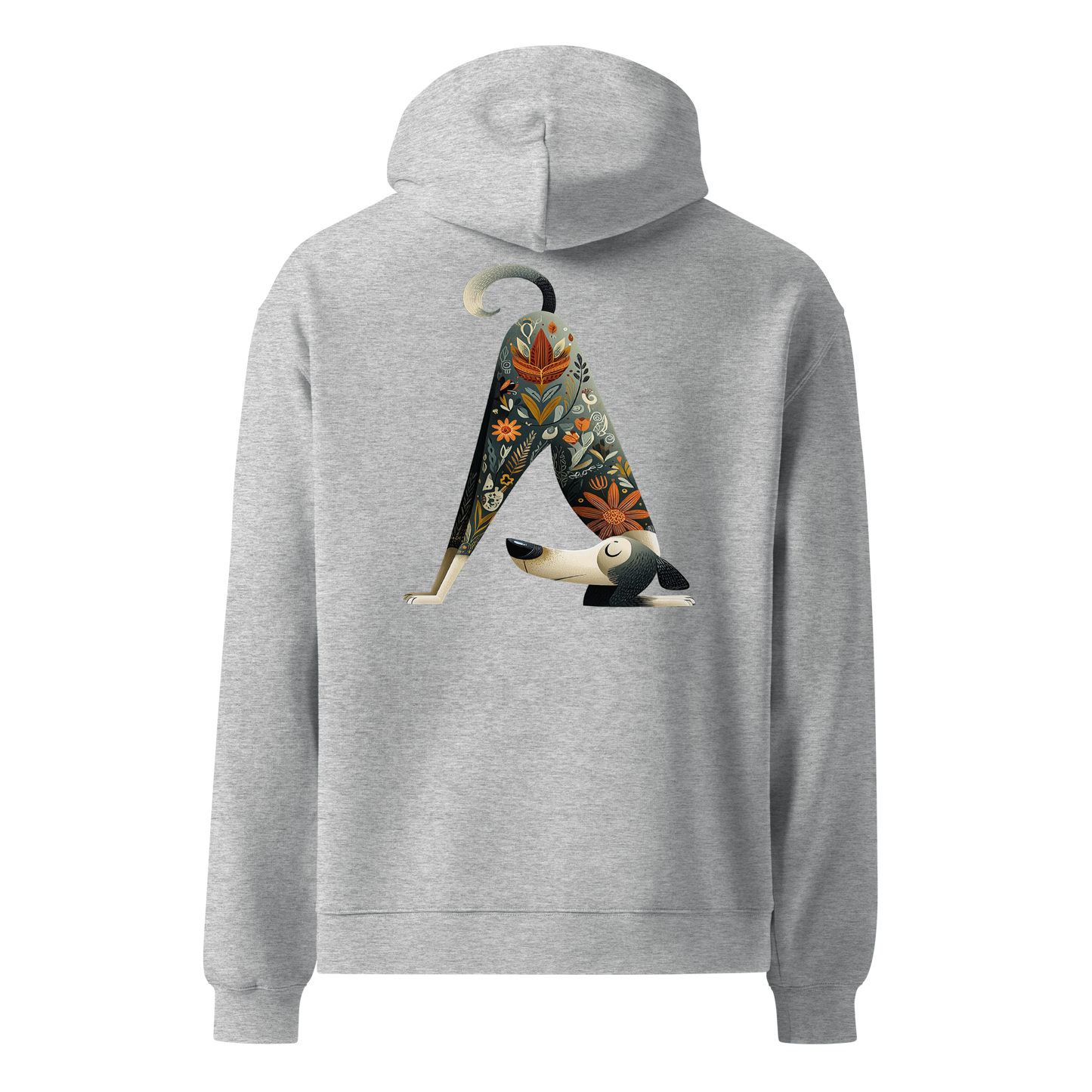 Sport grey oversized yoga hoodie with artistic yoga cat illustration on the back, unisex mindfulness streetwear sweatshirt