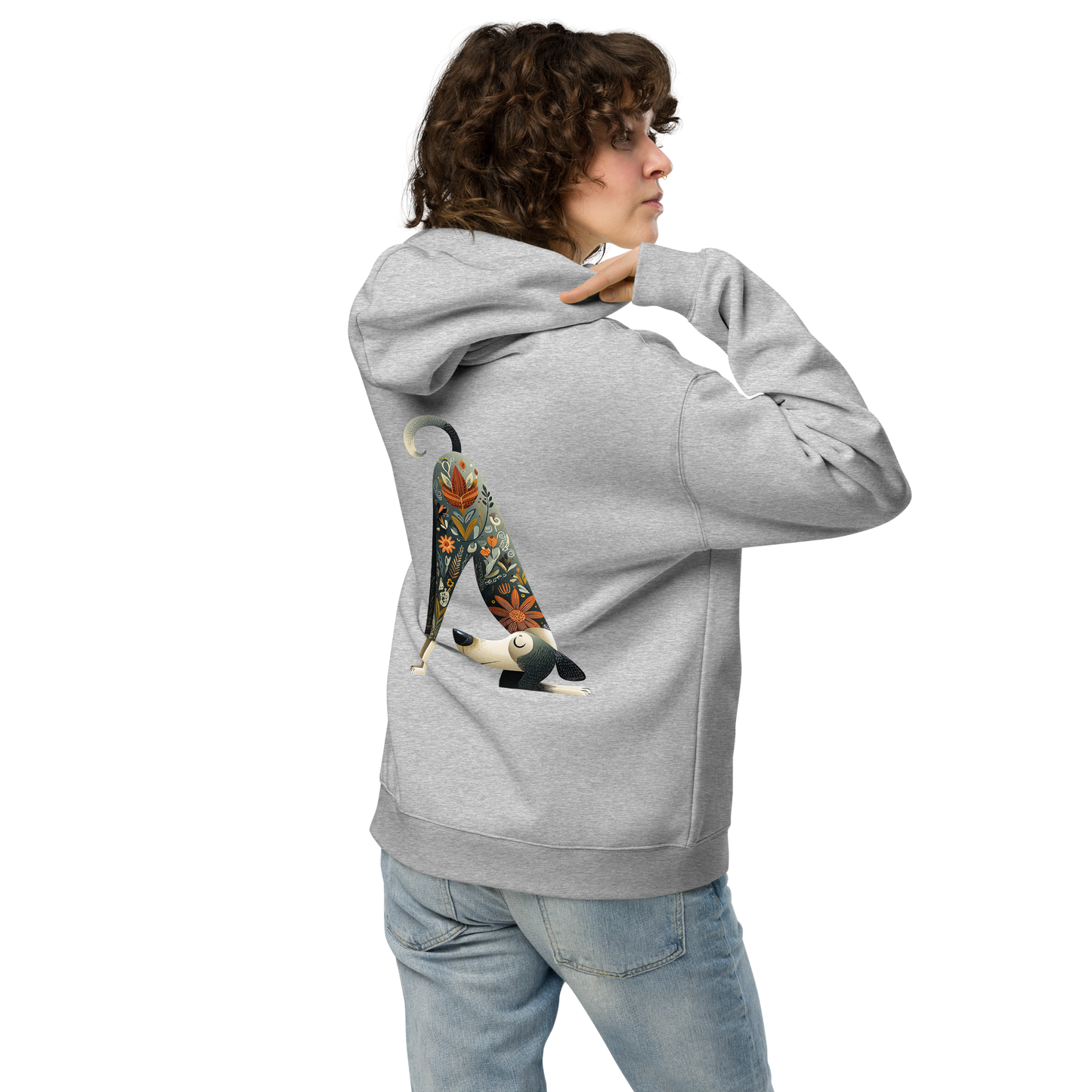 Sport grey oversized hoodie featuring “…and now yoga.” text, modern yoga and wellness streetwear apparel