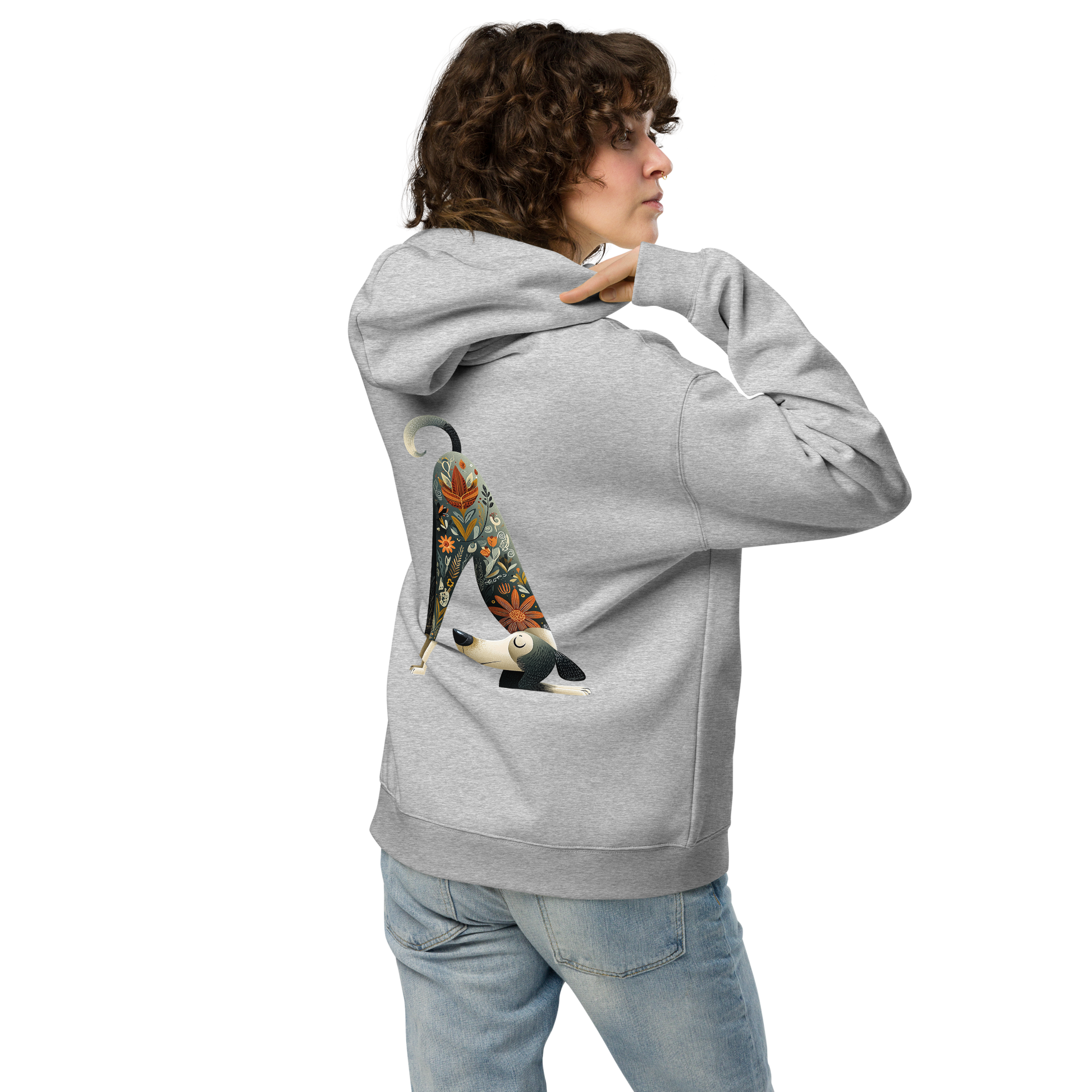Sport grey oversized hoodie featuring “…and now yoga.” text, modern yoga and wellness streetwear apparel