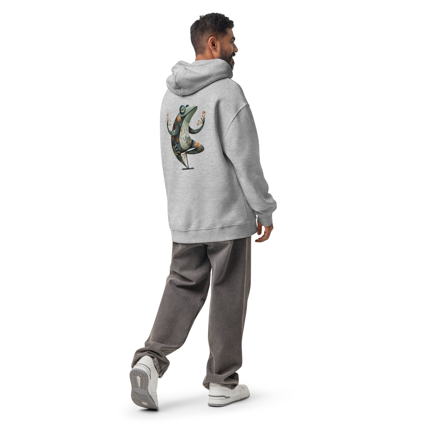 ProductBack view of a sport grey oversized hoodie featuring a mystical yoga cat illustration inspired by mindfulness and movement. mockup
