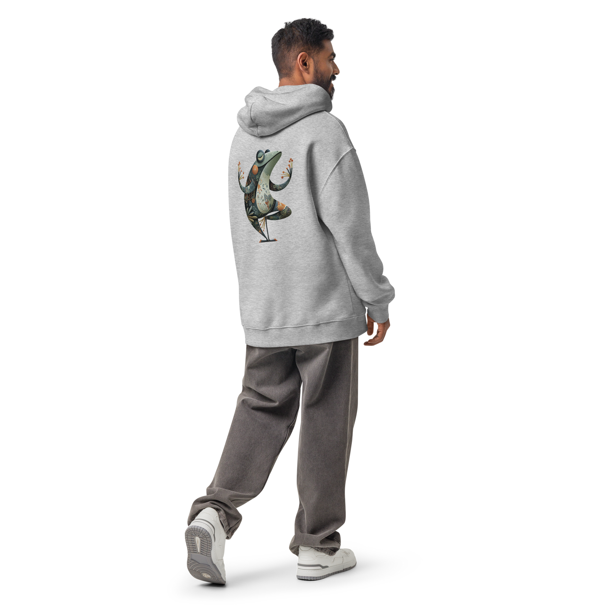 ProductBack view of a sport grey oversized hoodie featuring a mystical yoga cat illustration inspired by mindfulness and movement. mockup