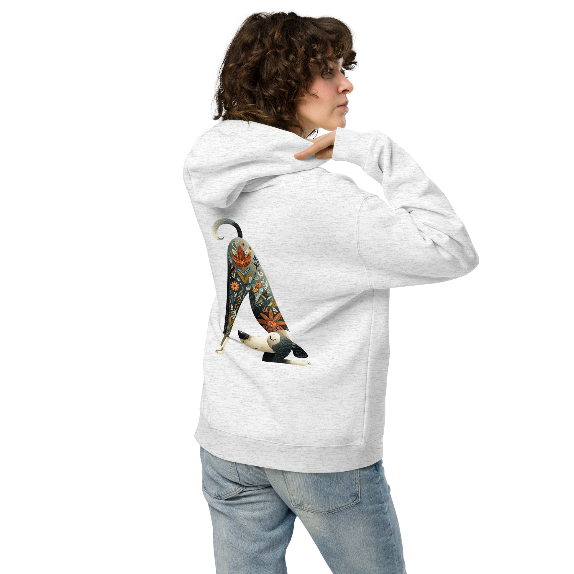 Unisex sport grey yoga hoodie with minimalist typography and relaxed oversized fit
