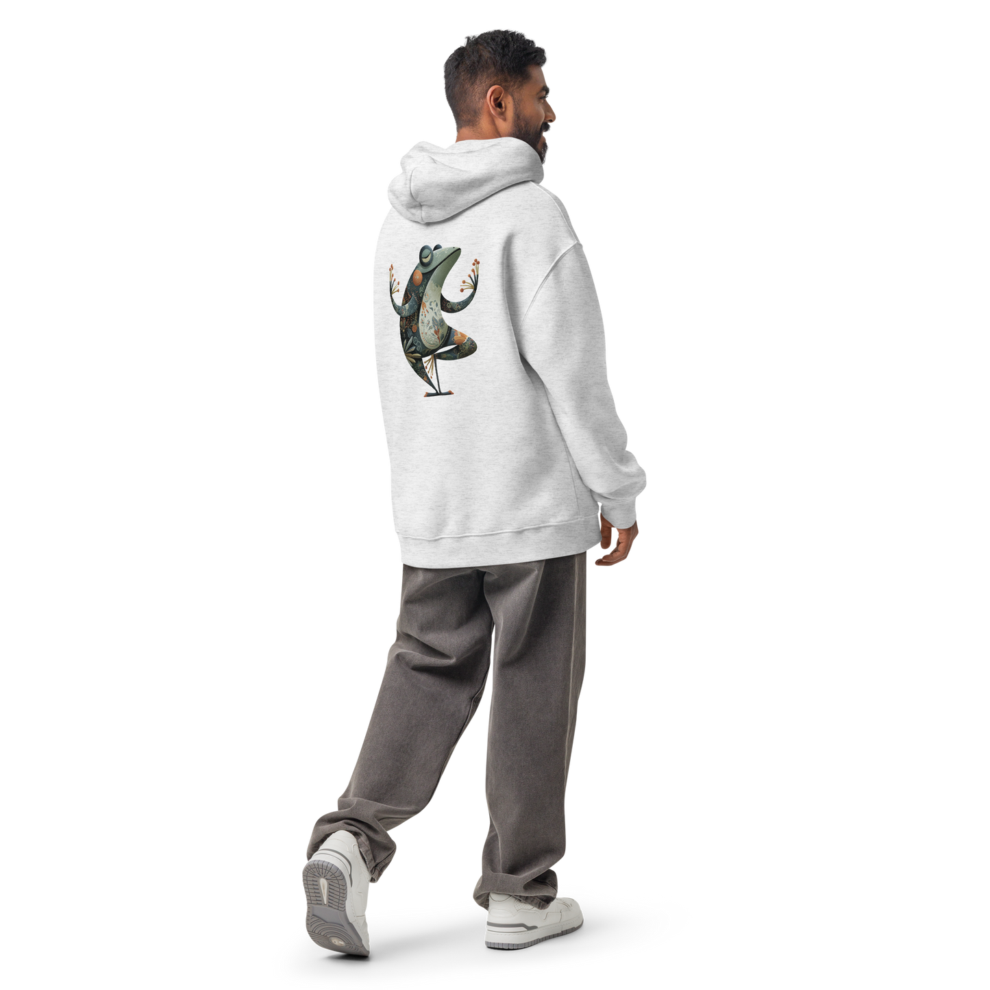 Side view of an oversized yoga hoodie with a large artistic cat design on the back and a relaxed streetwear fit.