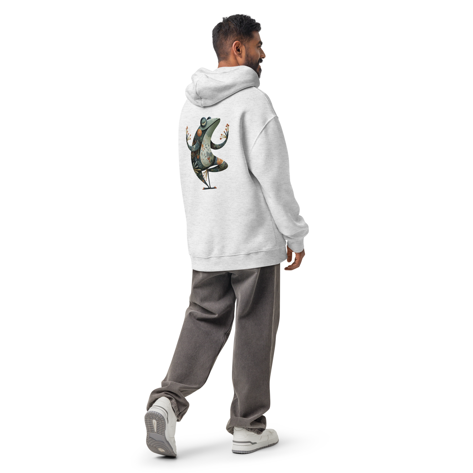 Side view of an oversized yoga hoodie with a large artistic cat design on the back and a relaxed streetwear fit.