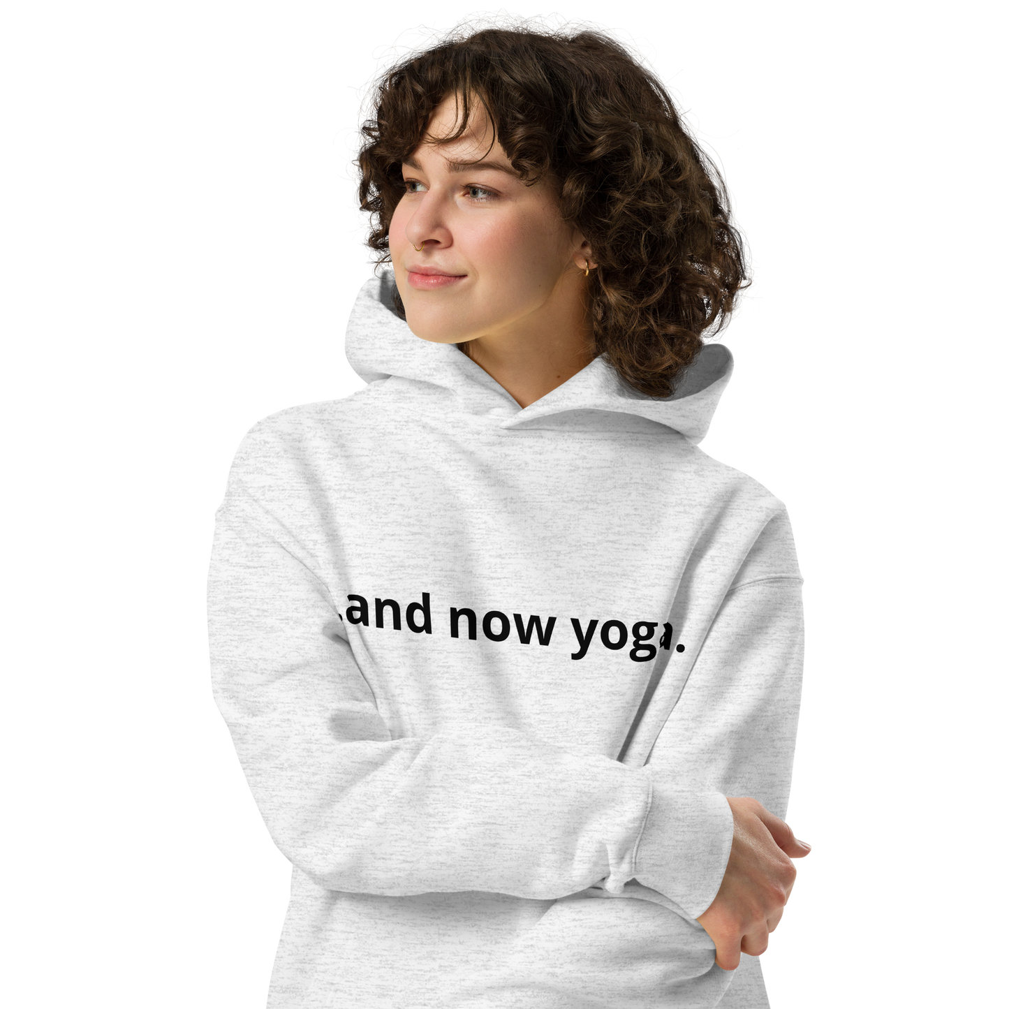 ProduSport white oversized hoodie with “…and now yoga.” quote, minimalist yoga apparelct mockup
