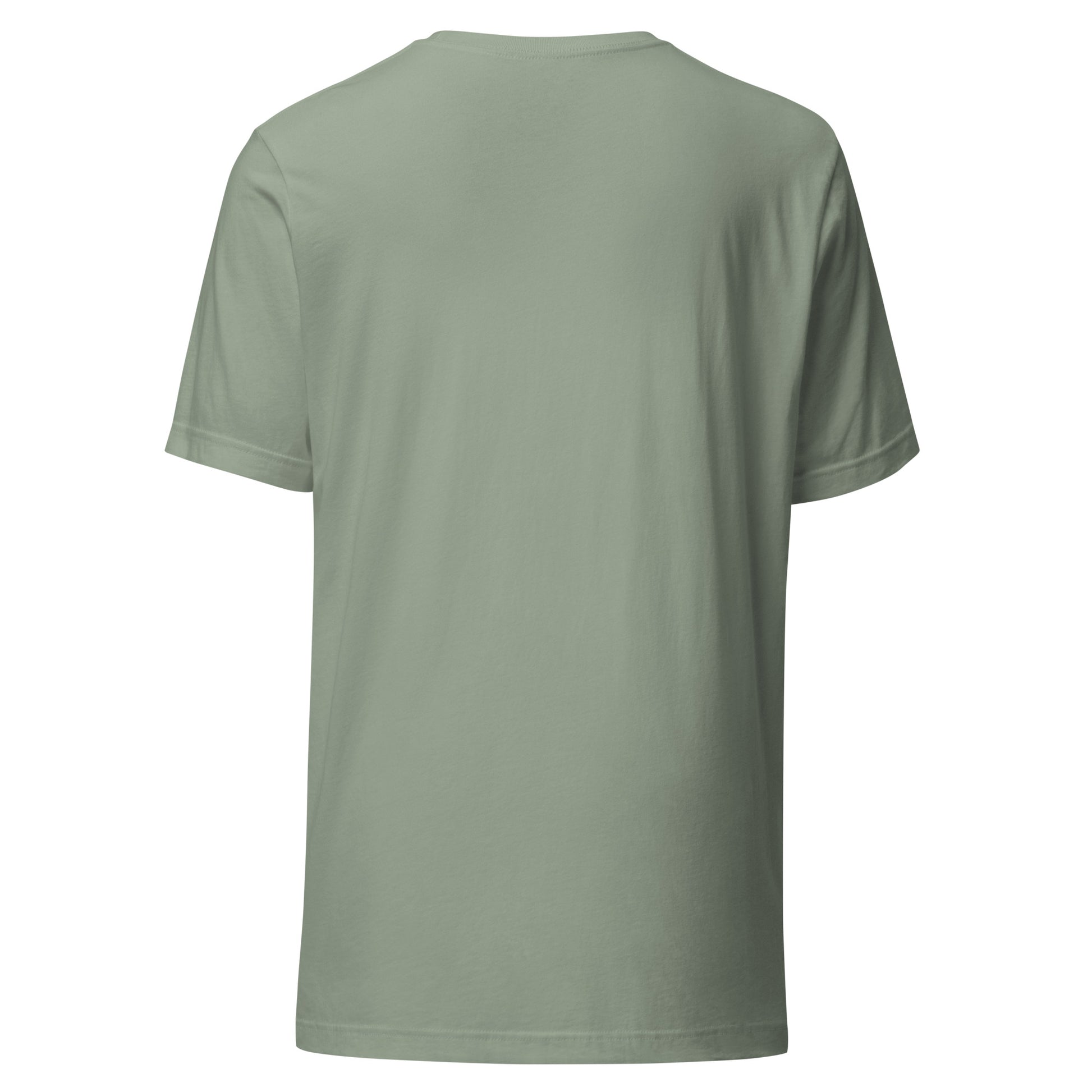 The back side of the sage green t-shirt with no graphics or text, highlighting the clean and minimal design of the garment.