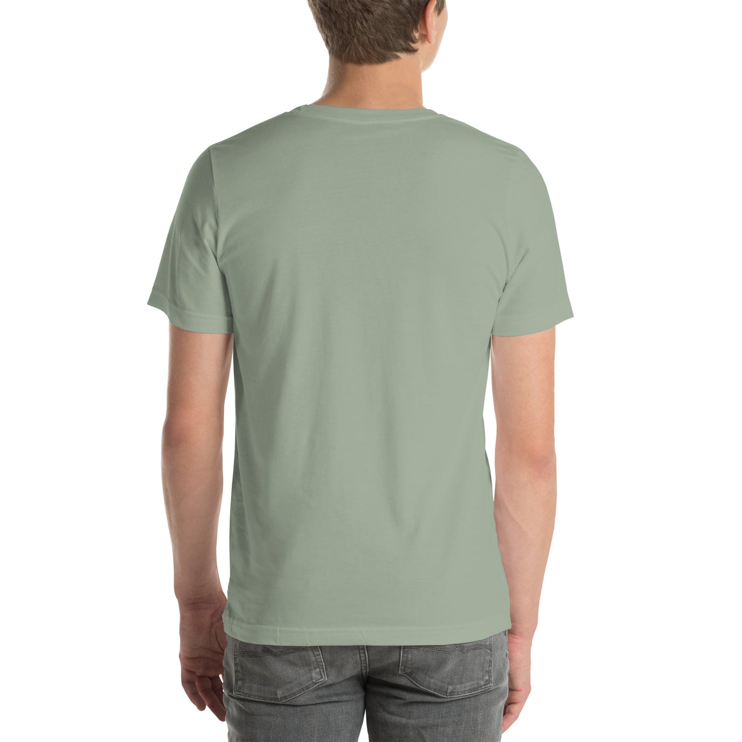 man wearing plain green t shirt back view minimal design
