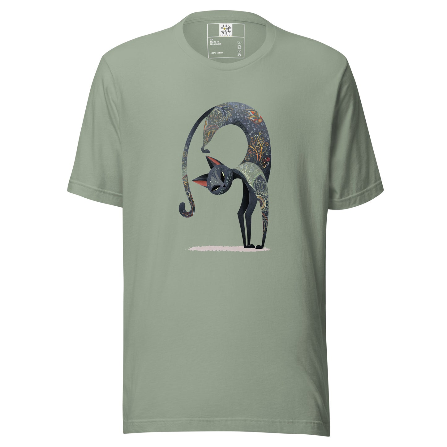green t shirt with abstract cat graphic design front view